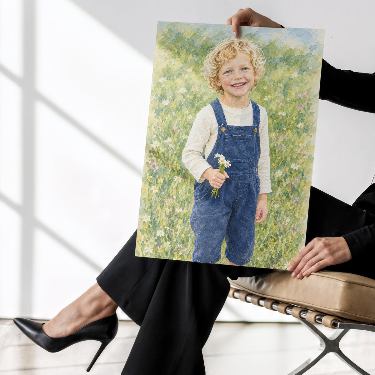 Personalizowany plakat Akwarelowy ogród ze zdjęcia bez ramki, trzymany w dłoniach. Akwarelowa interpretacja portretu dziecka ze stokrotkami na łące.