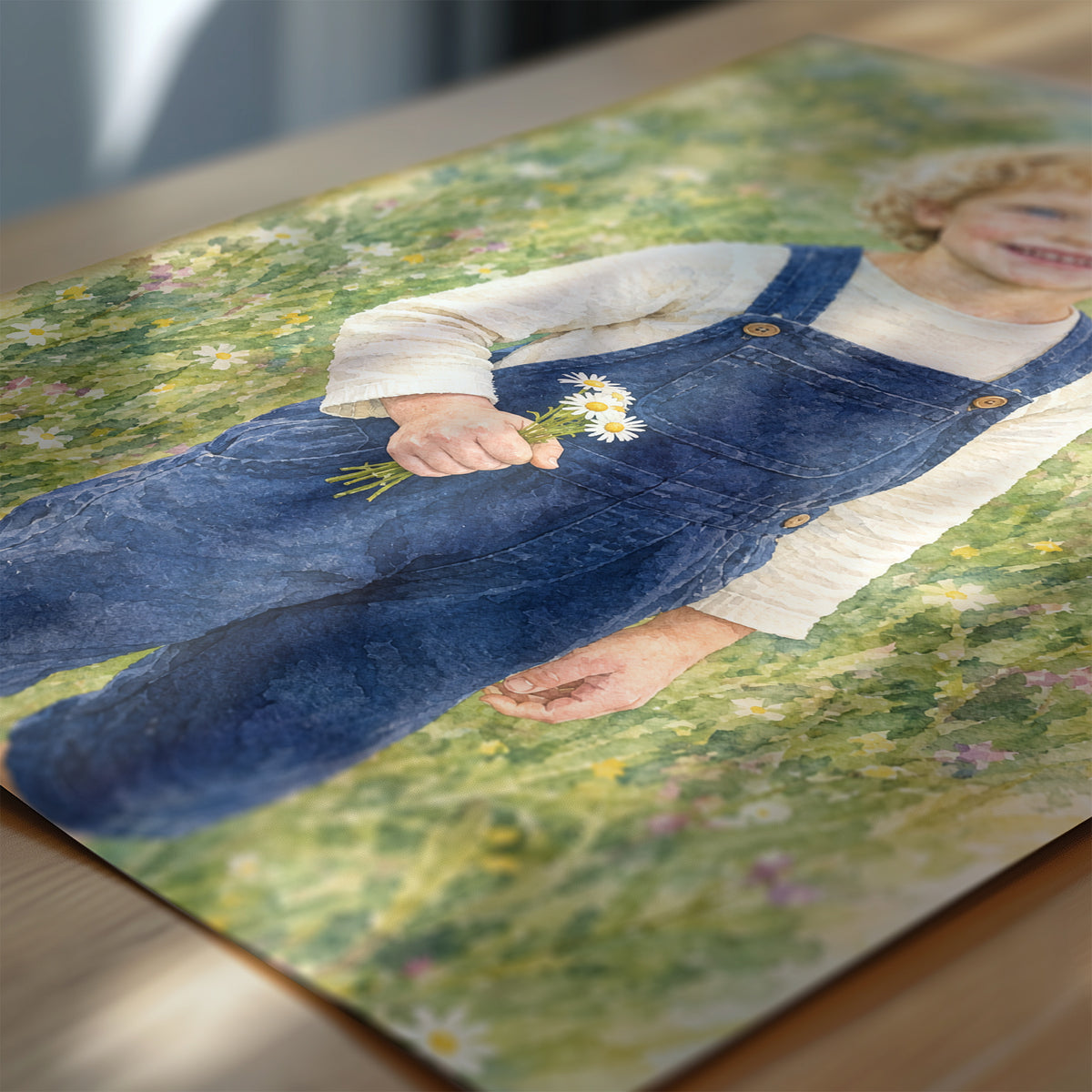 Zbliżenie personalizowanego plakatu Akwarelowy ogród: drukowane warstwy koloru, delikatne rysy dziecka i efekt akwarelowej faktury papieru.