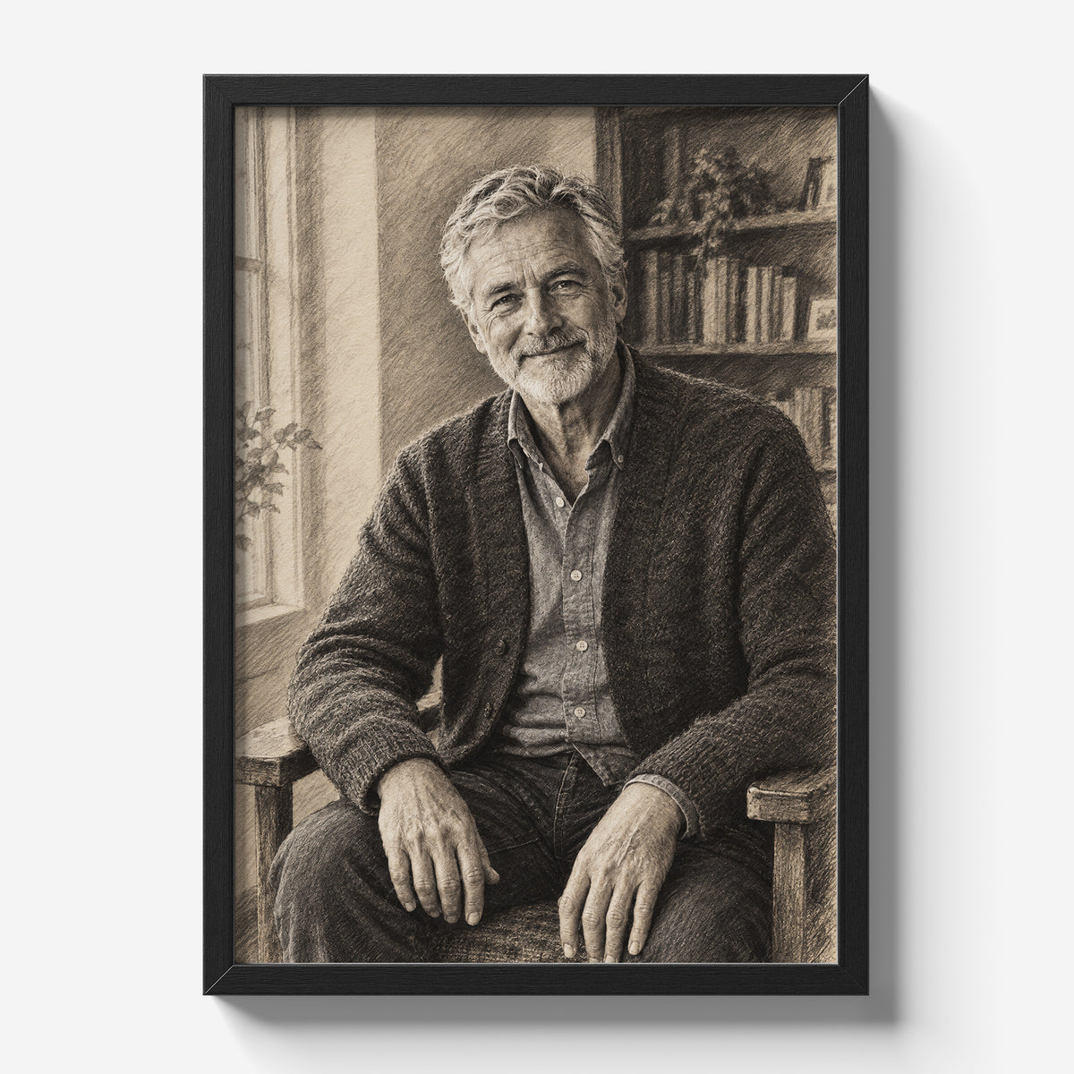Personalizowany plakat Portret węglem ze zdjęcia w czarnej ramce na jasnym tle. Monochromatyczny portret starszego mężczyzny z brodą przy biblioteczce.