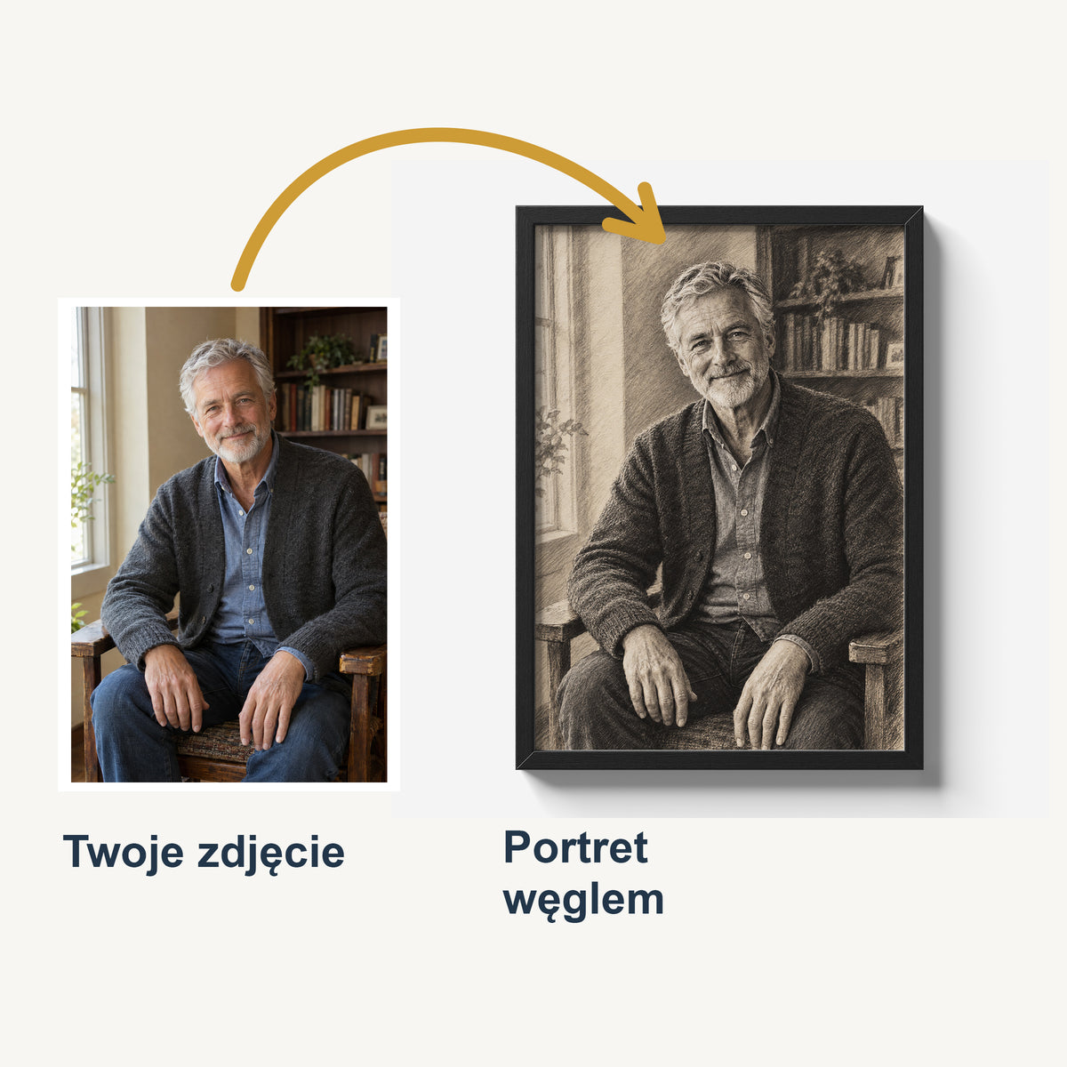 Porównanie zdjęcia mężczyzny przy biblioteczce z plakatem Portret węglem. Cyfrowy efekt rysunku, kreskowania i miękkiego czarno-białego światłocienia.
