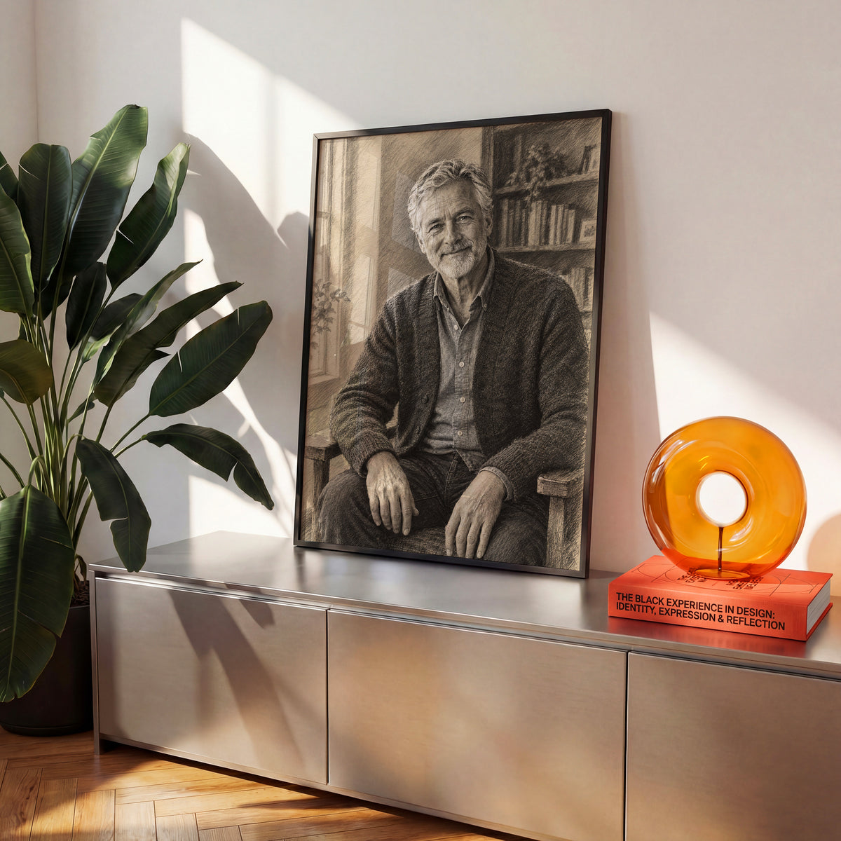 Personalizowany plakat Portret węglem ze zdjęcia w czarnej ramce we wnętrzu. Monochromatyczny portret starszego mężczyzny z brodą przy biblioteczce.