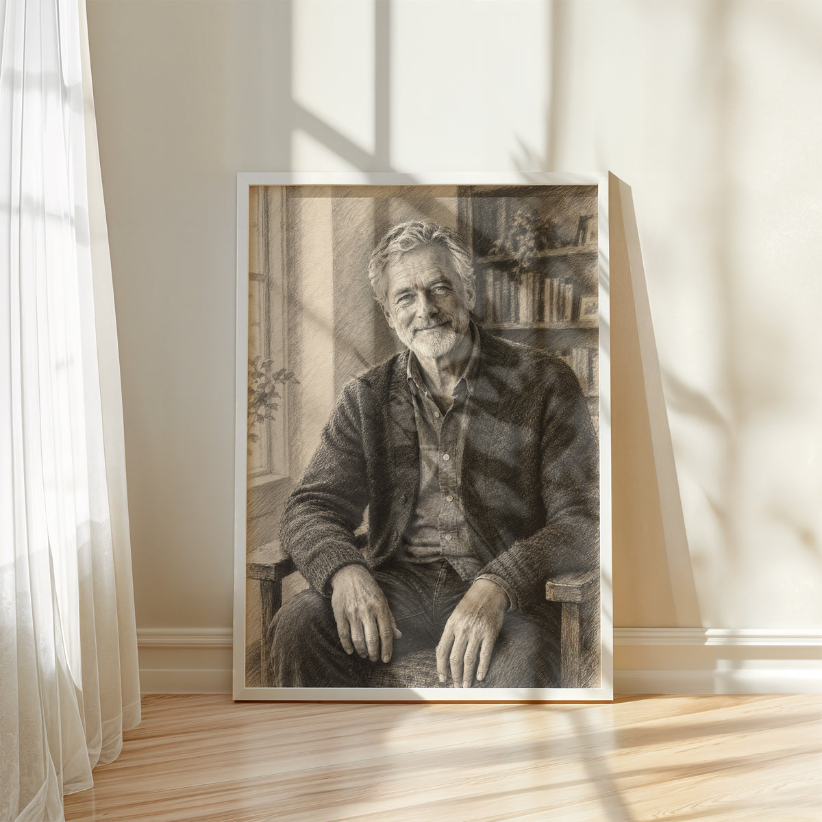 Personalizowany plakat Portret węglem ze zdjęcia w białej ramce przy oknie. Monochromatyczny portret starszego mężczyzny z brodą przy biblioteczce.