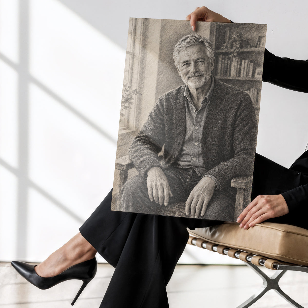 Personalizowany plakat Portret węglem ze zdjęcia bez ramki, trzymany w dłoniach. Monochromatyczny portret starszego mężczyzny z brodą przy biblioteczce.