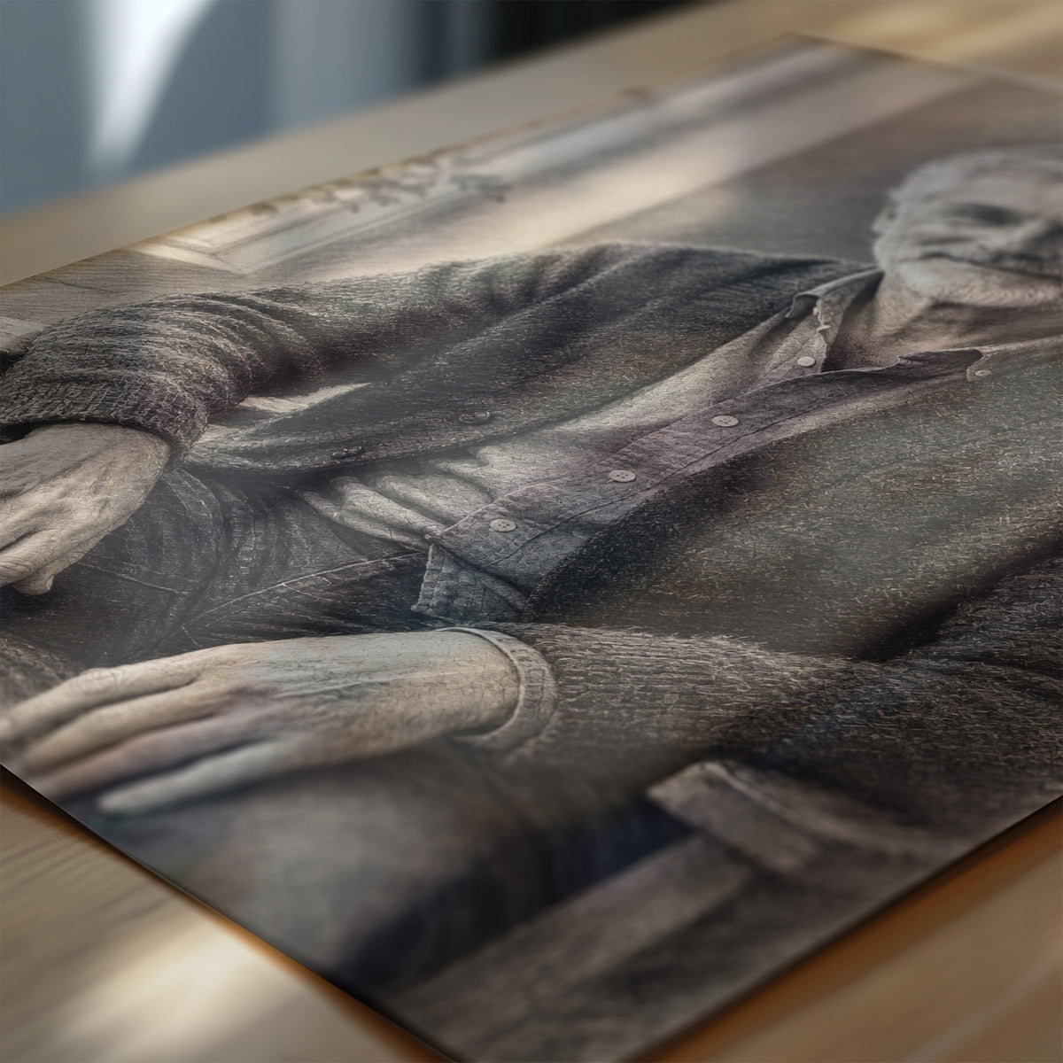 Zbliżenie personalizowanego plakatu Portret węglem: drukowane kreskowanie twarzy i brody, miękkie cienie oraz efekt faktury papieru rysunkowego.