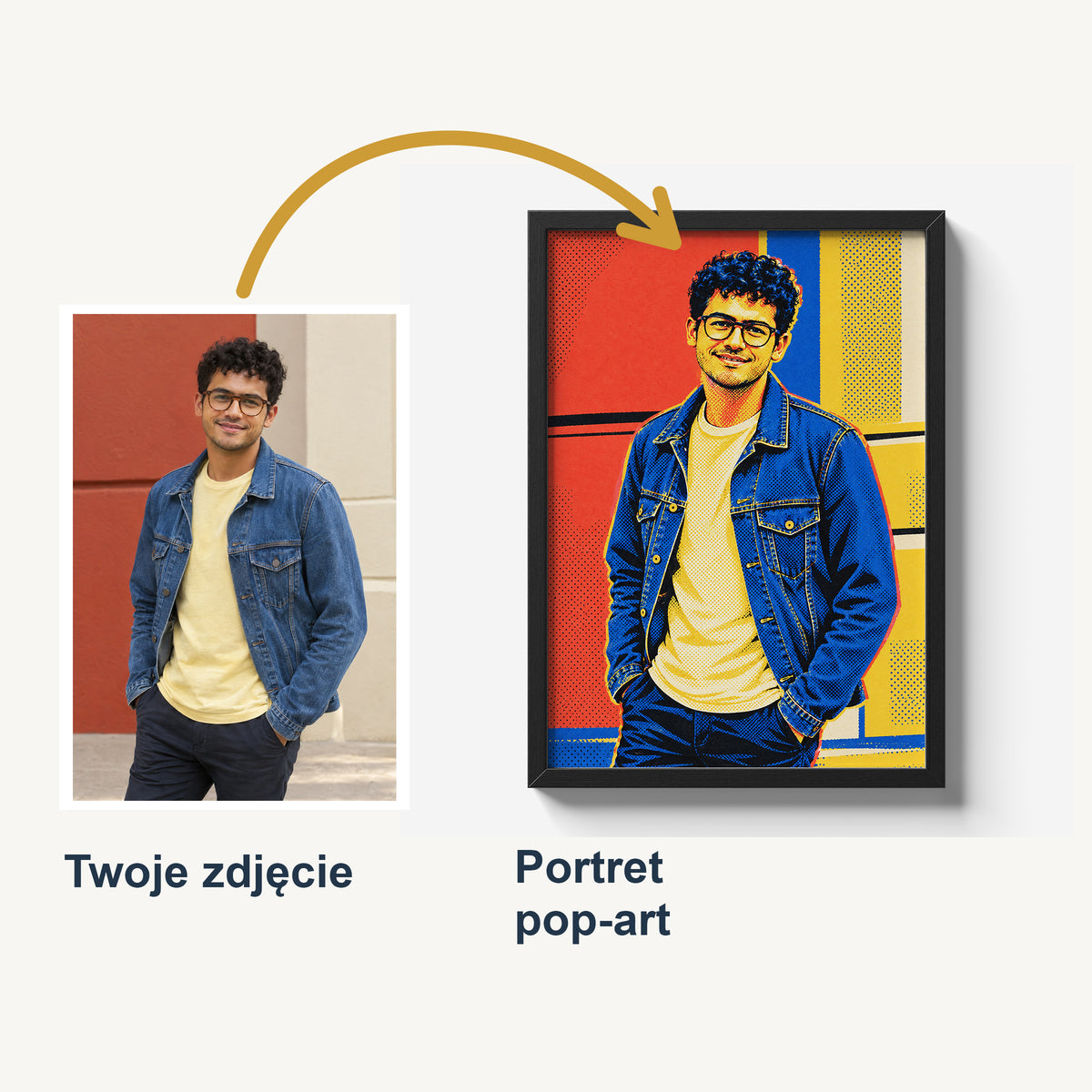 Porównanie zdjęcia mężczyzny w okularach z personalizowanym plakatem Pop-art. Mocne kontury, graficzny raster, kobaltowe i koralowe kolory.