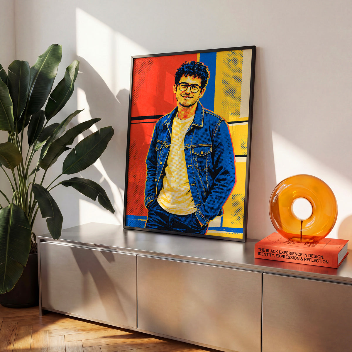 Personalizowany plakat Pop-art ze zdjęcia w czarnej ramce we wnętrzu. Portret mężczyzny w okularach z kobaltem, koralem i graficznym rastrem.