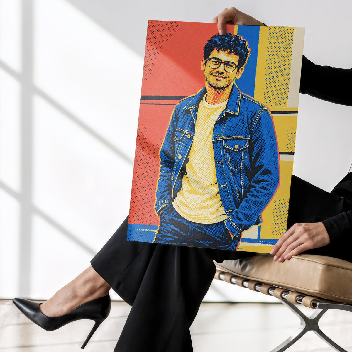 Personalizowany plakat Pop-art ze zdjęcia bez ramki, trzymany w dłoniach. Portret mężczyzny w okularach z kobaltem, koralem i graficznym rastrem.
