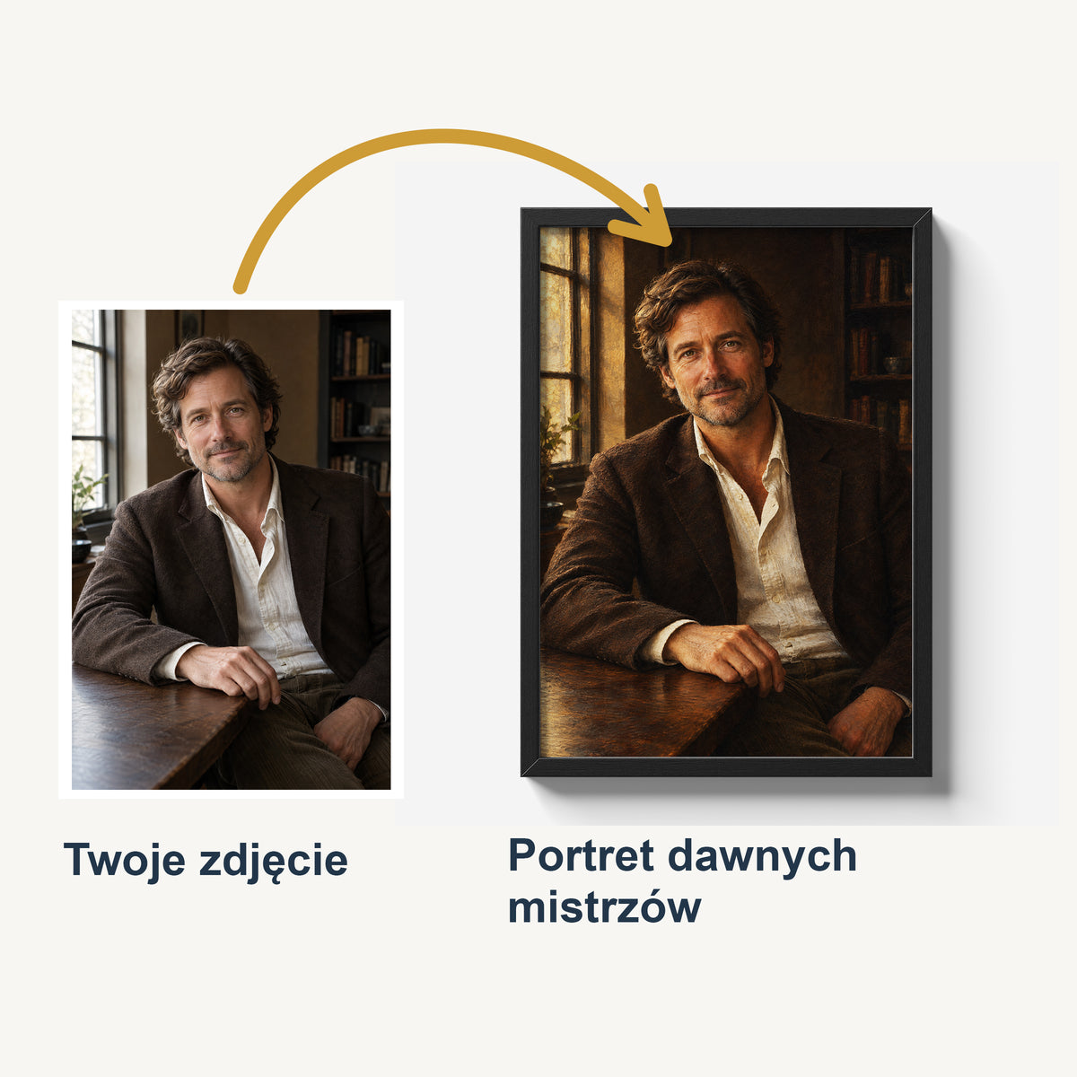 Porównanie zdjęcia mężczyzny przy stole z plakatem Dawni mistrzowie. Cyfrowy portret ze światłocieniem i drukowanym efektem malarstwa olejnego.