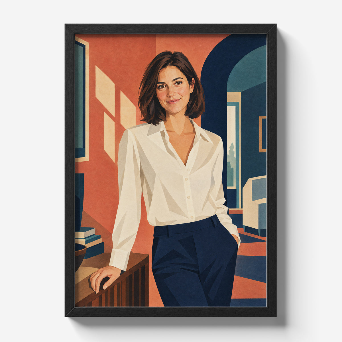 Personalizowany plakat Portret Art Deco ze zdjęcia w czarnej ramce na jasnym tle. Portret kobiety w jasnej bluzce, na koralowym i granatowym tle.