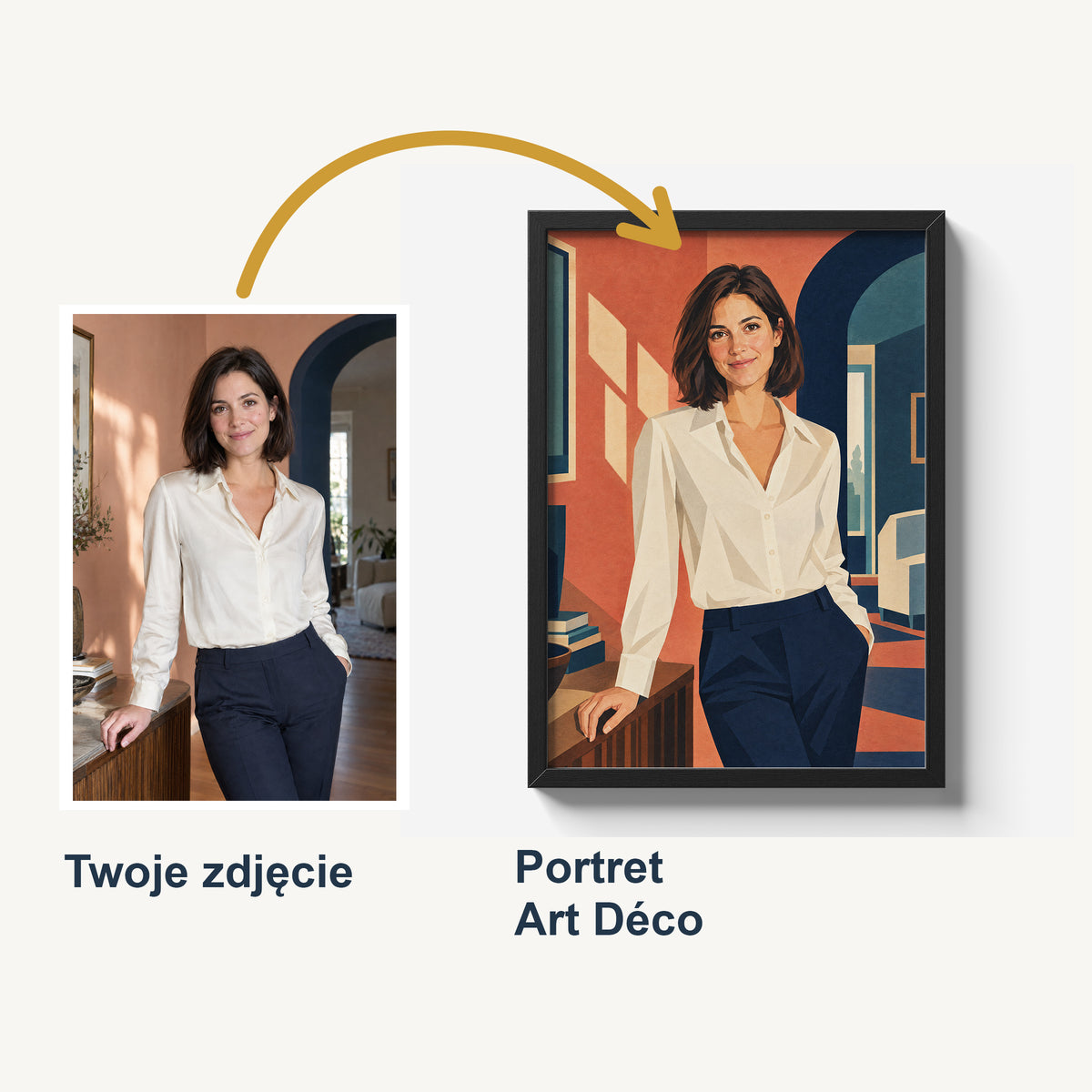 Porównanie zdjęcia kobiety w jasnej bluzce z plakatem Portret Art Deco. Cyfrowa ilustracja z geometrycznymi formami w granacie i koralu.