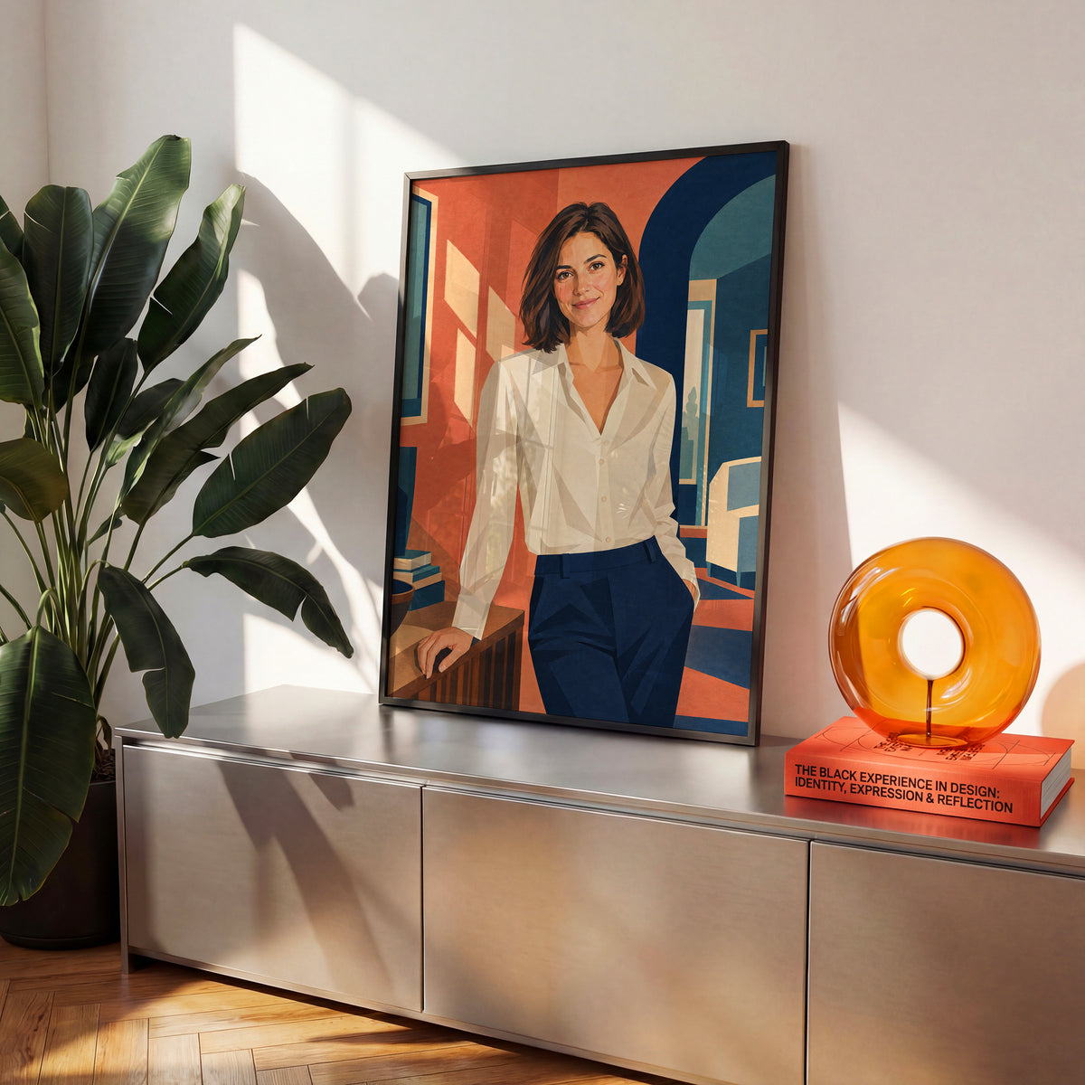 Personalizowany plakat Portret Art Deco ze zdjęcia w czarnej ramce we wnętrzu. Portret kobiety w jasnej bluzce, na koralowym i granatowym tle.