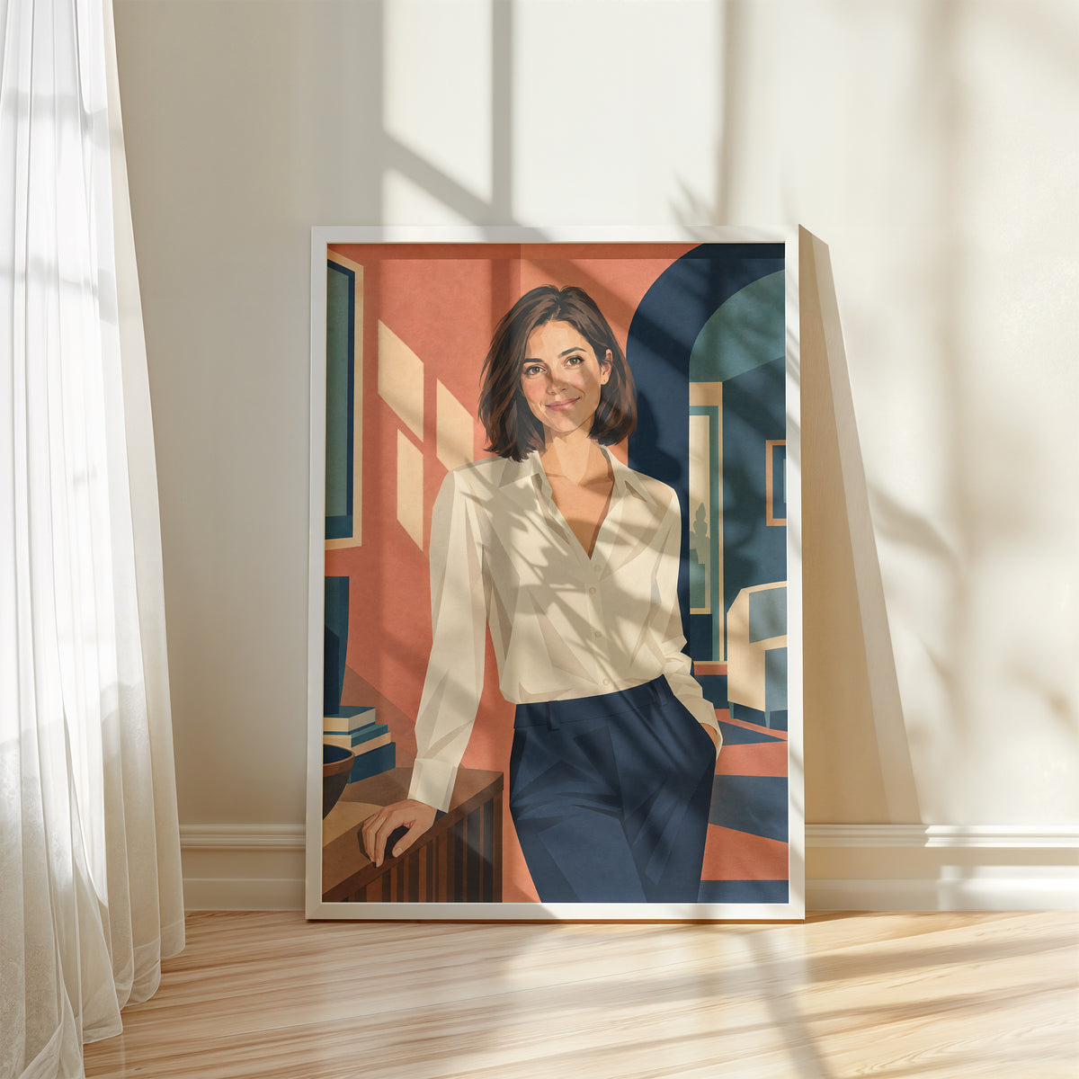 Personalizowany plakat Portret Art Deco ze zdjęcia w białej ramce przy oknie. Portret kobiety w jasnej bluzce, na koralowym i granatowym tle.
