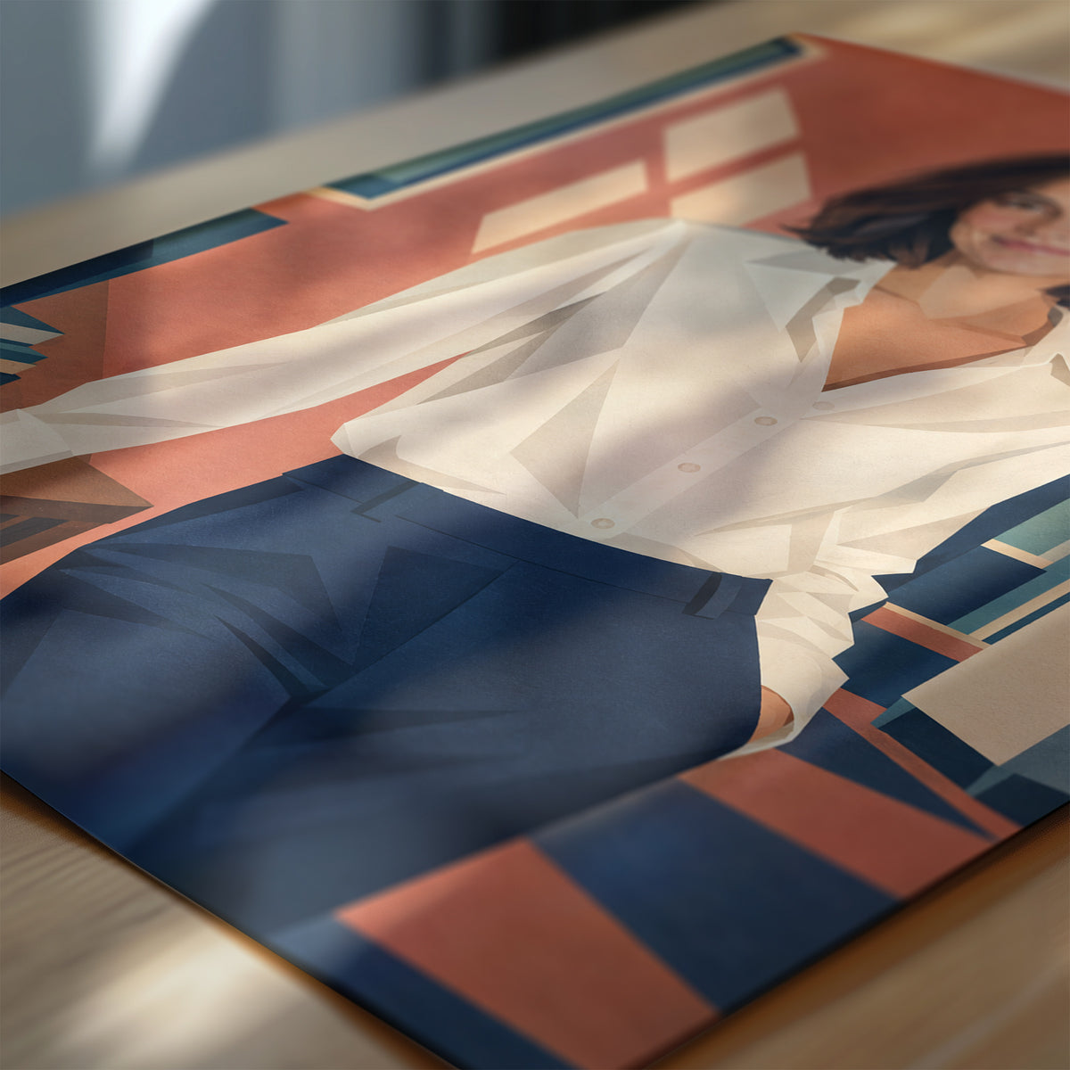 Zbliżenie personalizowanego plakatu Portret Art Deco: drukowane płaszczyzny twarzy i ubrania, matowy efekt gwaszu oraz granatowe łuki w tle.