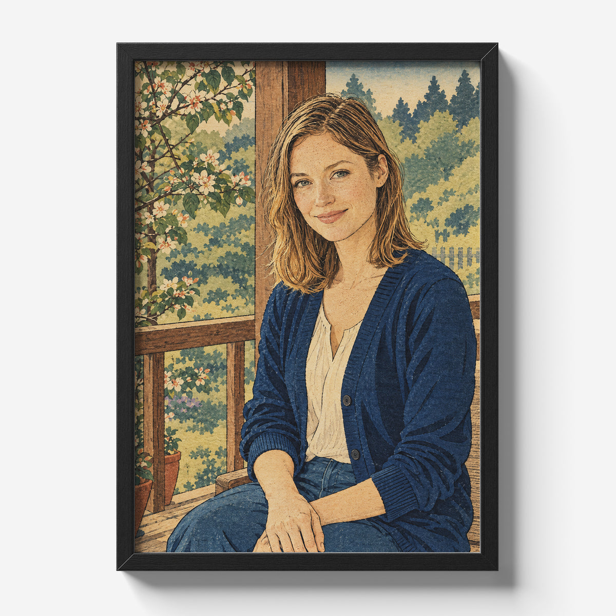 Personalizowany plakat z efektem japońskiego drzeworytu w czarnej ramce na jasnym tle. Portret kobiety w granatowym swetrze wśród jasnych kwiatów.