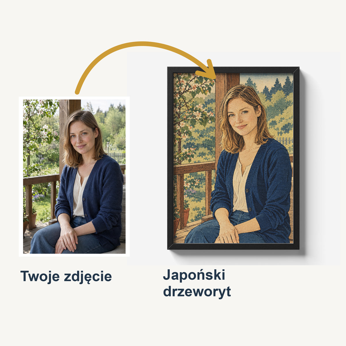 Porównanie zdjęcia kobiety na werandzie z plakatem Japoński drzeworyt. Cyfrowa interpretacja z cienką kreską, indygo i drukowanym efektem washi.