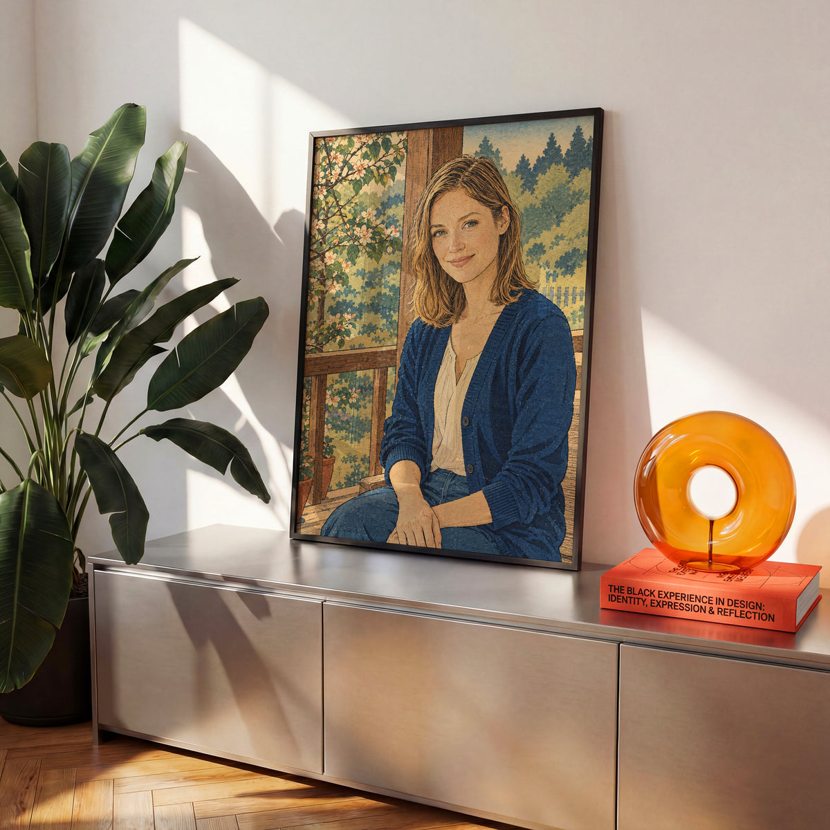 Personalizowany plakat z efektem japońskiego drzeworytu w czarnej ramce we wnętrzu. Portret kobiety w granatowym swetrze wśród jasnych kwiatów.
