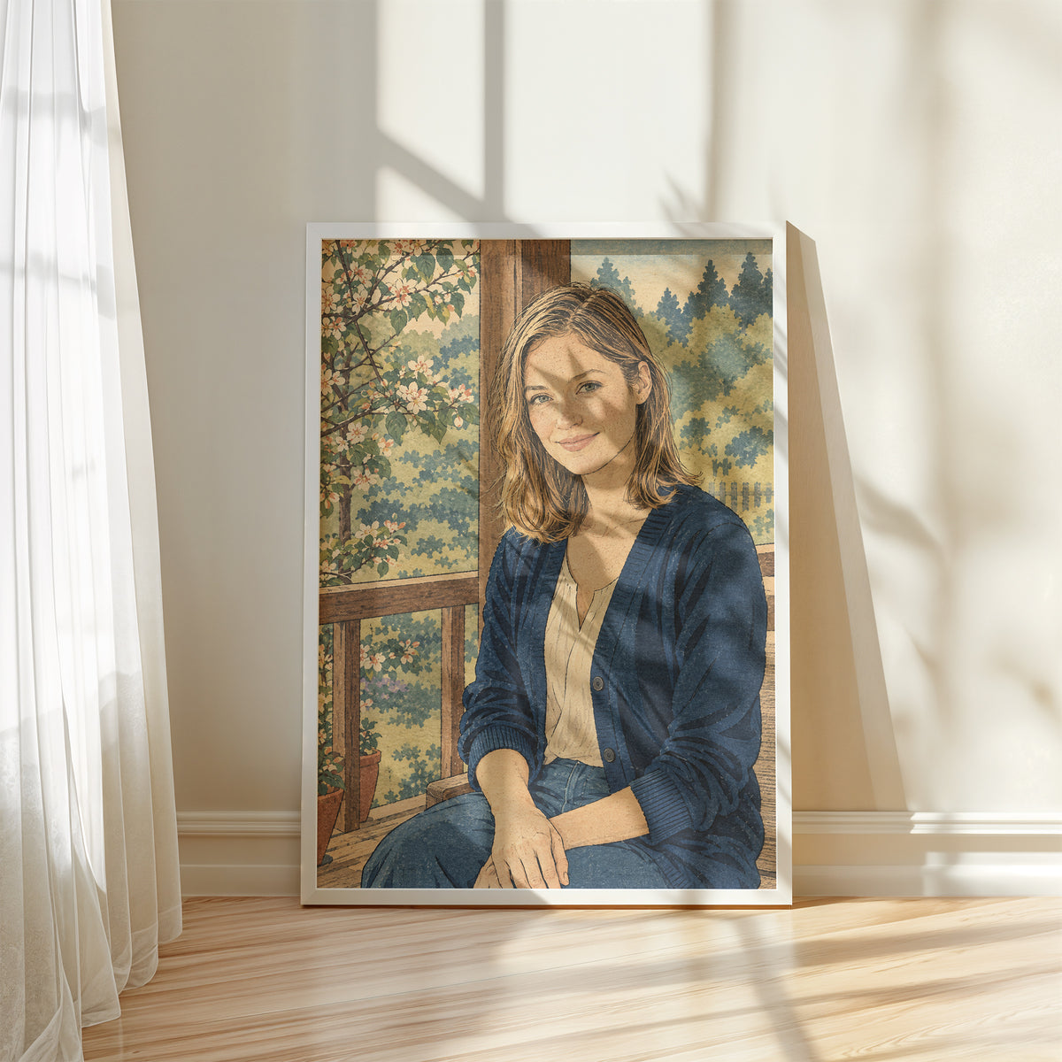 Personalizowany plakat z efektem japońskiego drzeworytu w białej ramce przy oknie. Portret kobiety w granatowym swetrze wśród jasnych kwiatów.