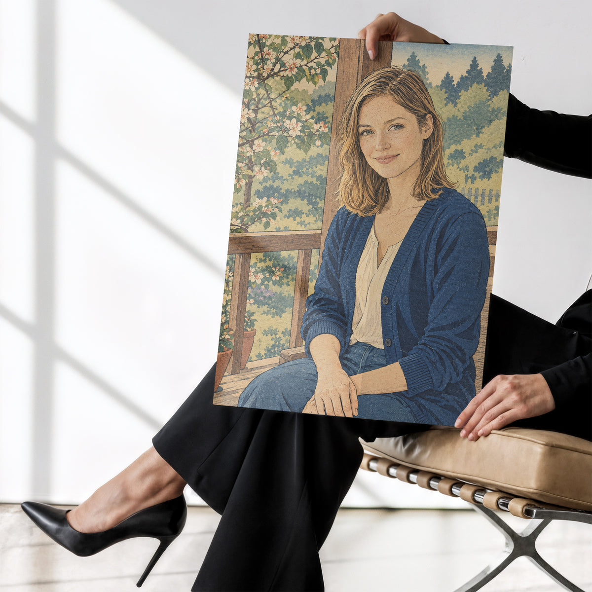 Personalizowany plakat z efektem japońskiego drzeworytu bez ramki, trzymany w dłoniach. Portret kobiety w granatowym swetrze wśród jasnych kwiatów.
