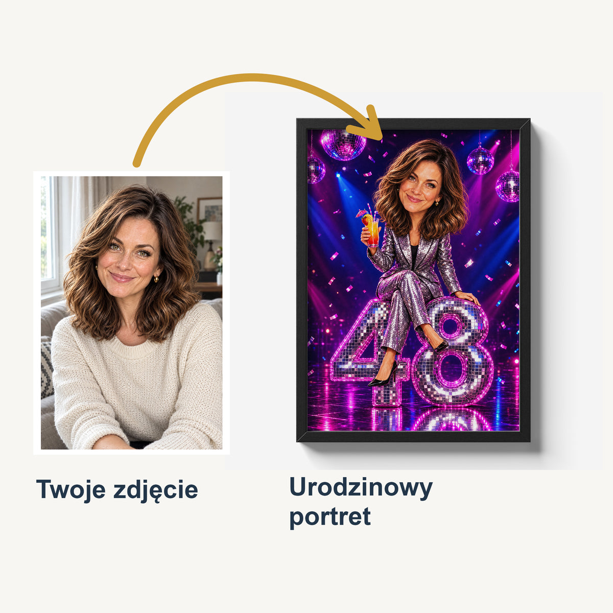 Zdjęcie źródłowe i wygenerowana z niego karykatura Disco w ramie; porównanie twarzy przed stylizacją i na urodzinowym plakacie. C-PL-KAR-02-2130-NF