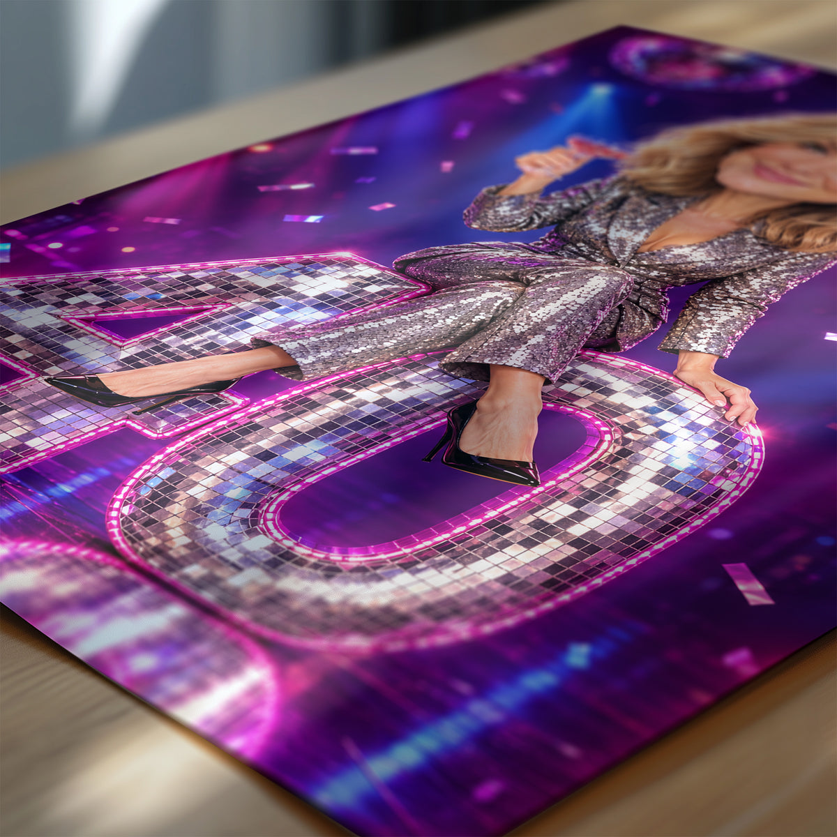Zbliżenie plakatu Disco: detale lustrzanych cyfr, konfetti i fioletowego tła disco; widok karykatury urodzinowej ze zdjęcia. C-PL-KAR-02-2130-NF