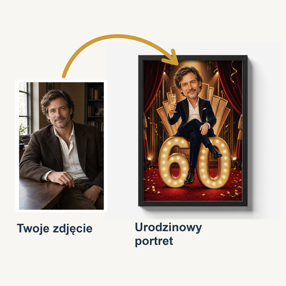 Zdjęcie źródłowe i wygenerowana z niego karykatura Wielka premiera w ramie; porównanie twarzy przed stylizacją i na urodzinowym plakacie. C-PL-KAR-03-2130-NF