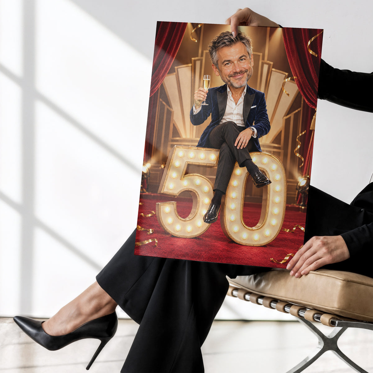 Plakat Wielka premiera bez ramki trzymany w dłoniach, z karykaturą mężczyzny na świetlnej liczbie 50; widok personalizowanego wydruku urodzinowego. C-PL-KAR-03-2130-NF
