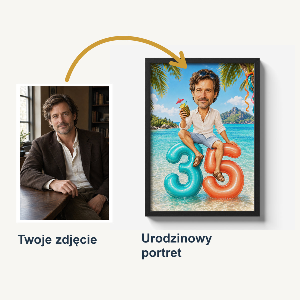Zdjęcie źródłowe i wygenerowana z niego karykatura Wakacyjny luz w ramie; porównanie twarzy przed stylizacją i na urodzinowym plakacie. C-PL-KAR-04-2130-NF