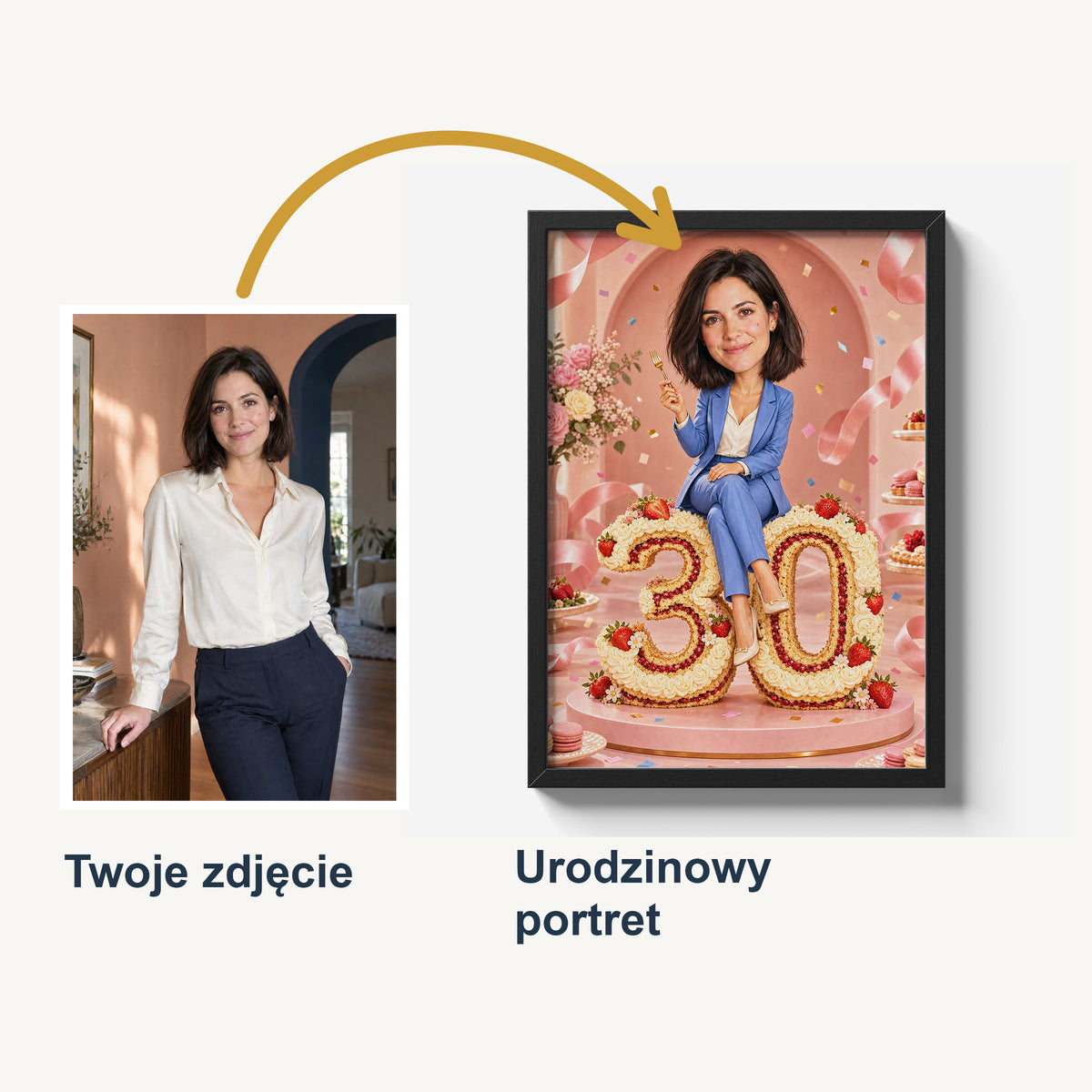Zdjęcie źródłowe i wygenerowana z niego karykatura Słodkie urodziny w ramie; porównanie twarzy przed stylizacją i na urodzinowym plakacie. C-PL-KAR-05-2130-NF