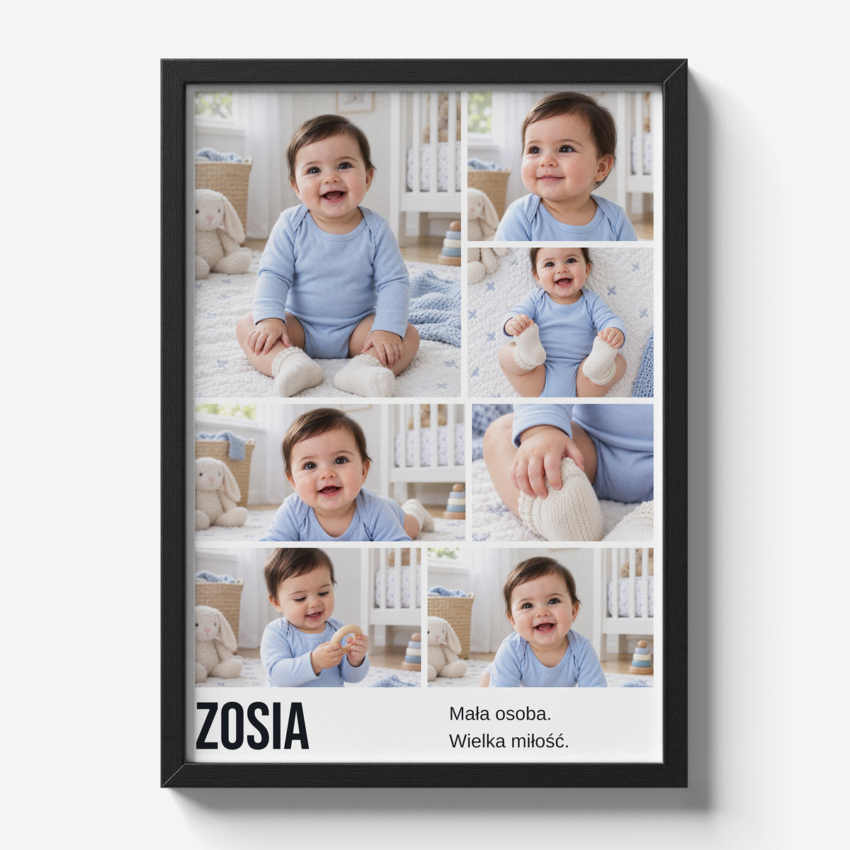 Personalizowany plakat Cały Mój Świat w czarnej ramce 21×30 na jasnym tle Marami, z własnym zdjęciem i tekstem | C-PL-BABY-1-2130-NF