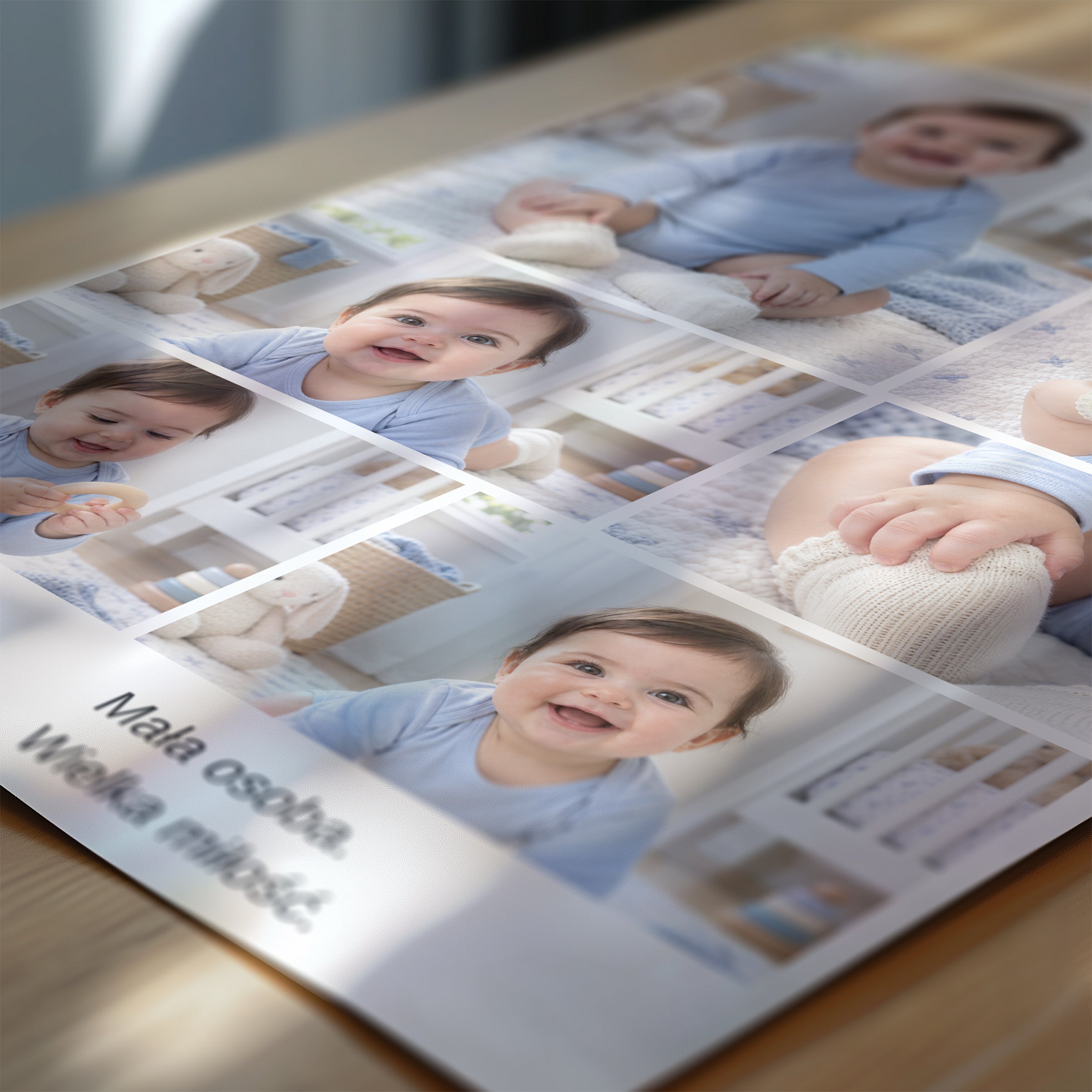 Personalizowany plakat Cały Mój Świat w zbliżeniu pokazującym nadruk i typografię, z własnym zdjęciem i tekstem | C-PL-BABY-1-2130-NF