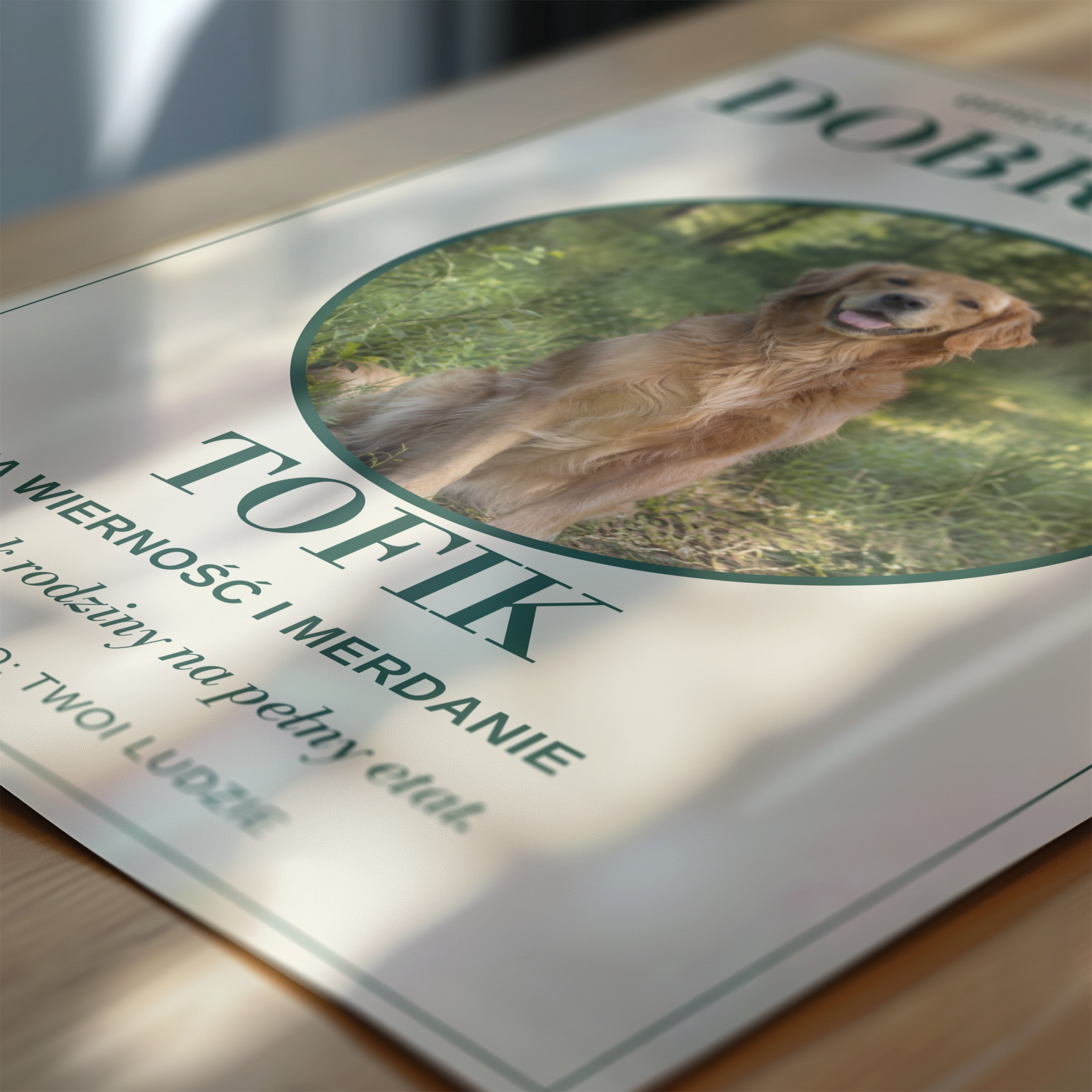 Personalizowany plakat DOBRY PIES w zbliżeniu pokazującym nadruk i typografię, z własnym zdjęciem i tekstem | C-PL-PET-7-2130-NF