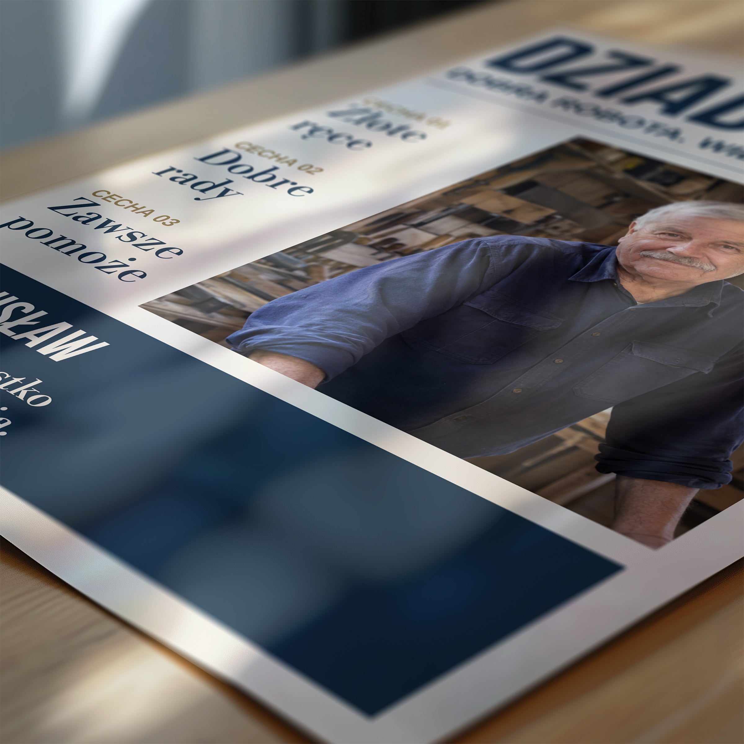 Personalizowany plakat DZIADEK — DOBRA ROBOTA w zbliżeniu pokazującym nadruk i typografię, z własnym zdjęciem i tekstem | C-PL-HEART-24-2130-NF