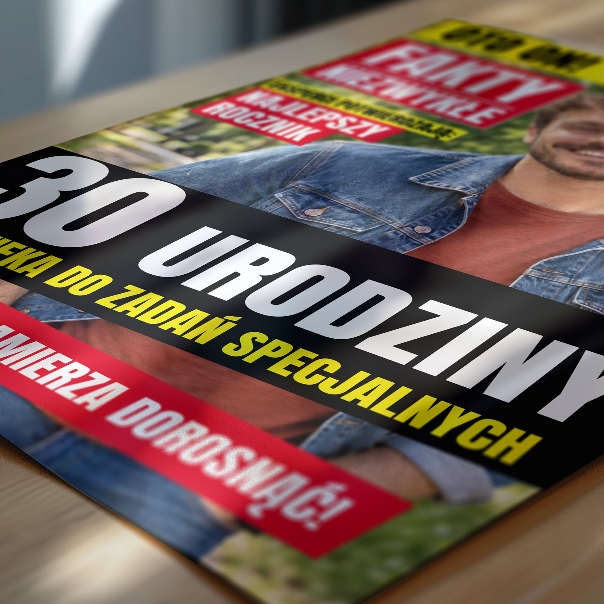 Personalizowany plakat FAKTY NIEZWYKŁE w zbliżeniu pokazującym nadruk i typografię, z własnym zdjęciem i tekstem | C-PL-GAZ-9-2130-NF