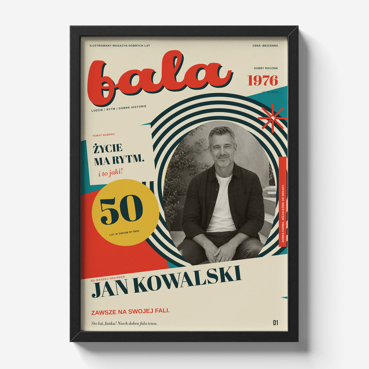 Personalizowany plakat FALA w czarnej ramce 21×30 na jasnym tle, kolorowa okładka retro z portretem i geometrycznymi kręgami | C-PL-COVMAG-7-2130-NF