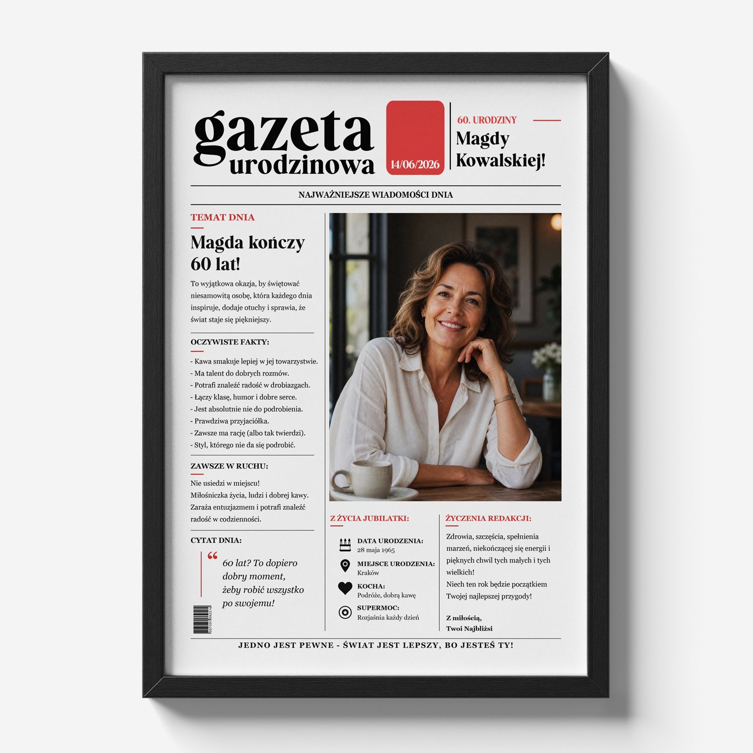 Klasyczna gazeta urodzinowa w czarnej ramce 21x30 na jasnym tle, z kolorowym zdjęciem, czerwonym datownikiem i własnymi życzeniami | C-PL-GAZ-8-2130-NF