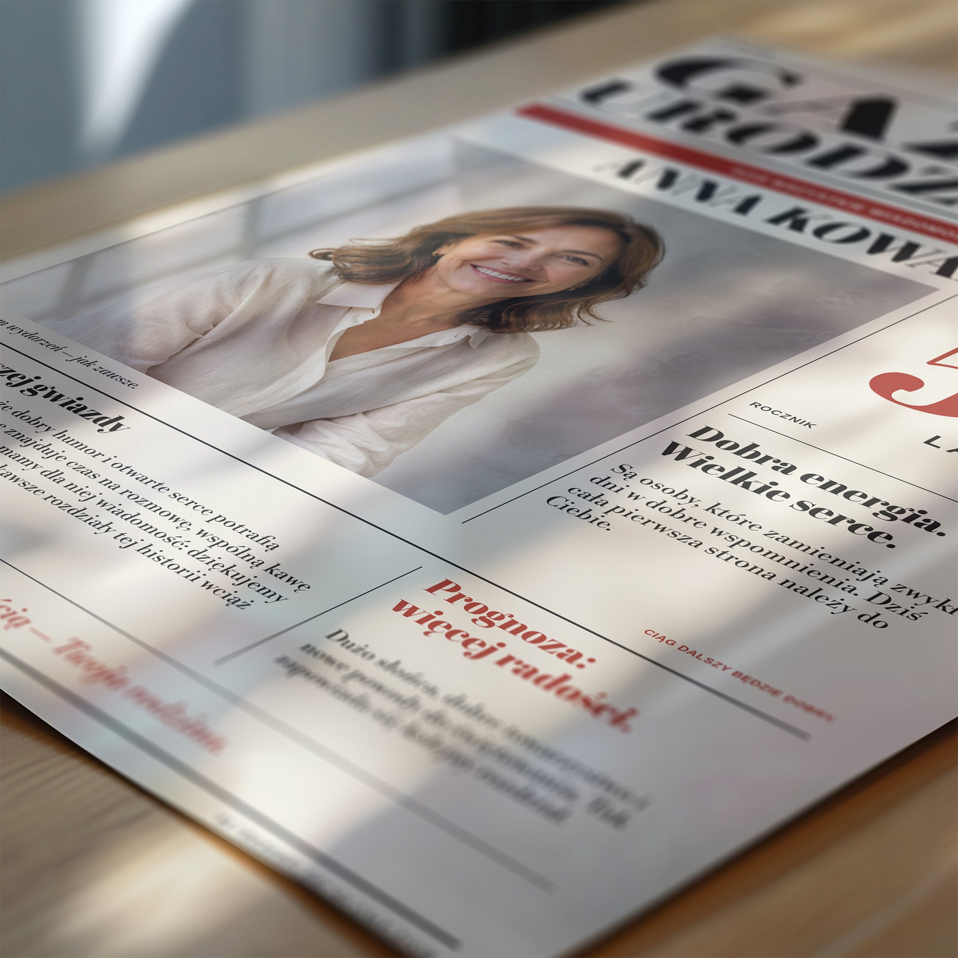 Zbliżenie druku gazety urodzinowej, kolorowy portret, gazetowa winieta, własny artykuł i czerwone detale | C-PL-GAZ-7-2130-NF