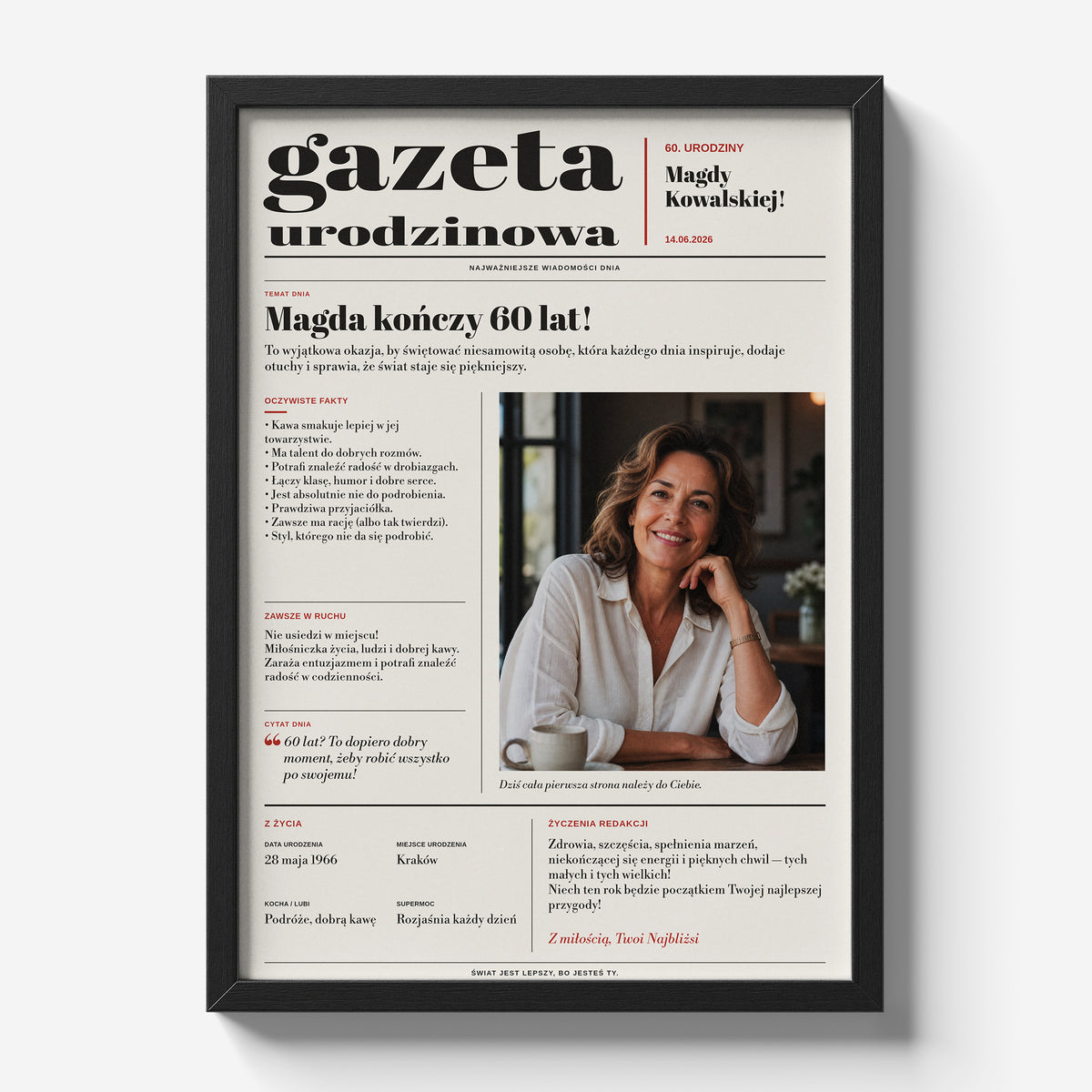 Gazeta urodzinowa ze zdjęciem Magdy w czarnej ramce 21x30 na jasnym tle | C-PL-GAZ-2-2130-NF