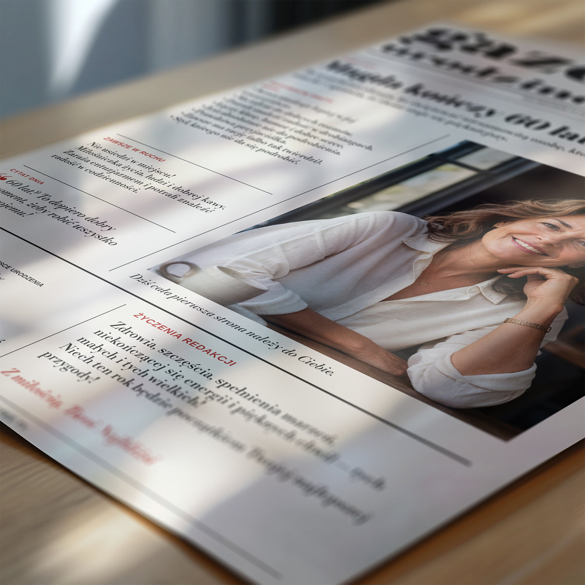 Zbliżenie personalizowanej gazety urodzinowej z kolorowym zdjęciem i życzeniami | C-PL-GAZ-2-2130-NF