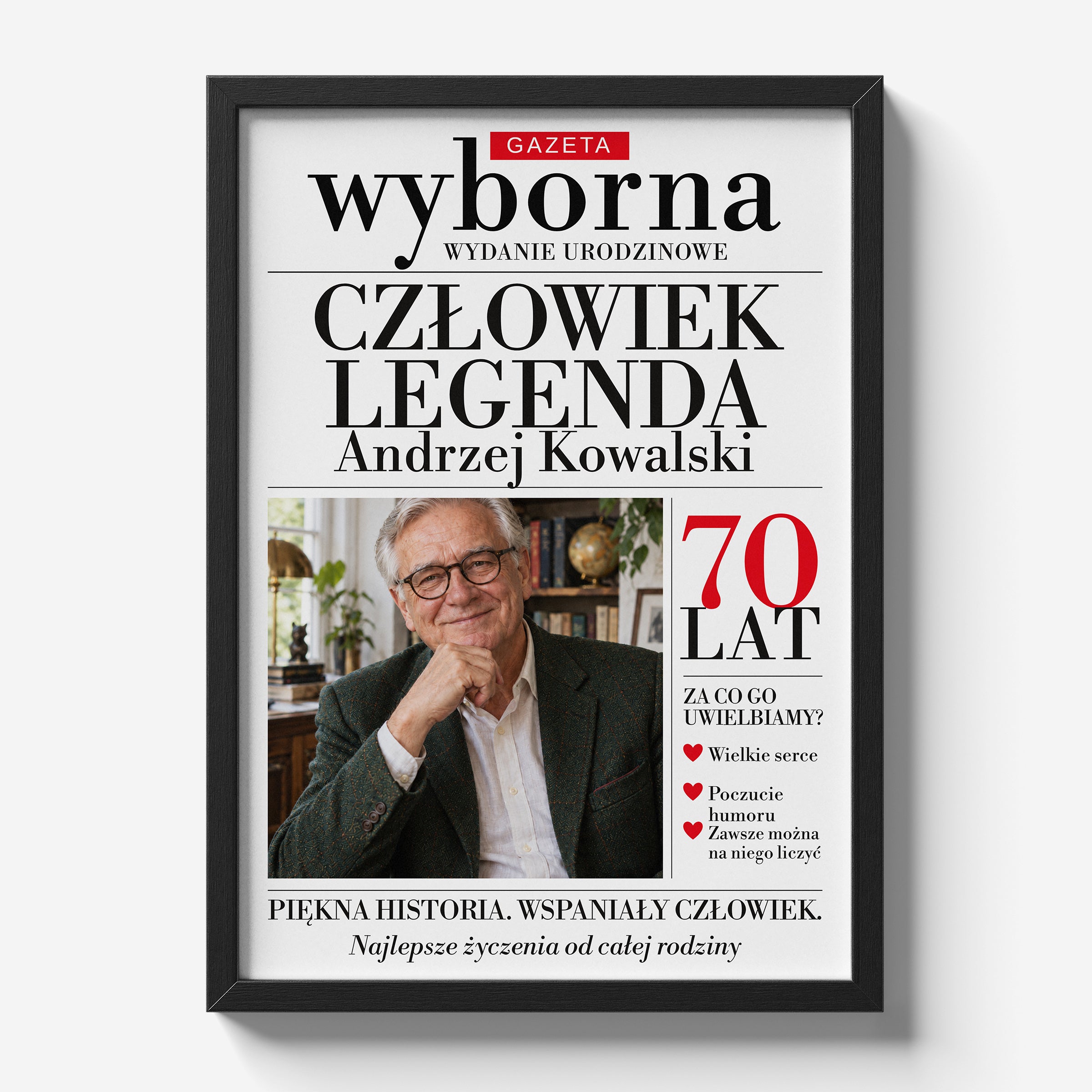 Personalizowany plakat GAZETA WYBORNA — ON w czarnej ramce 21×30 na jasnym tle Marami, z własnym zdjęciem i tekstem | C-PL-GAZ-14-2130-NF