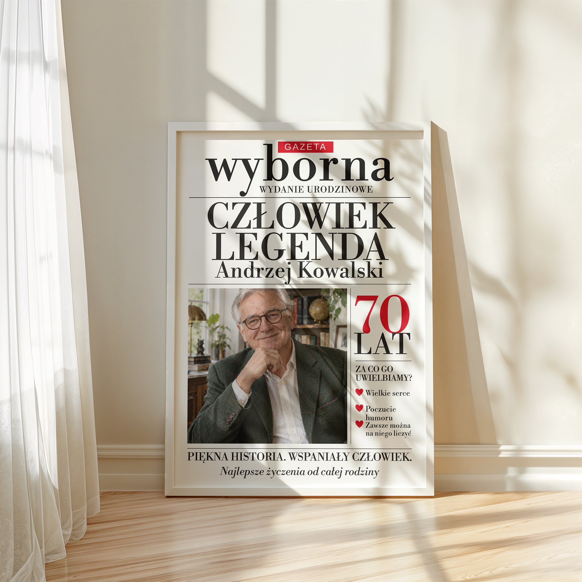 Personalizowany plakat GAZETA WYBORNA — ON w białej ramce przy oknie, z własnym zdjęciem i tekstem | C-PL-GAZ-14-2130-NF