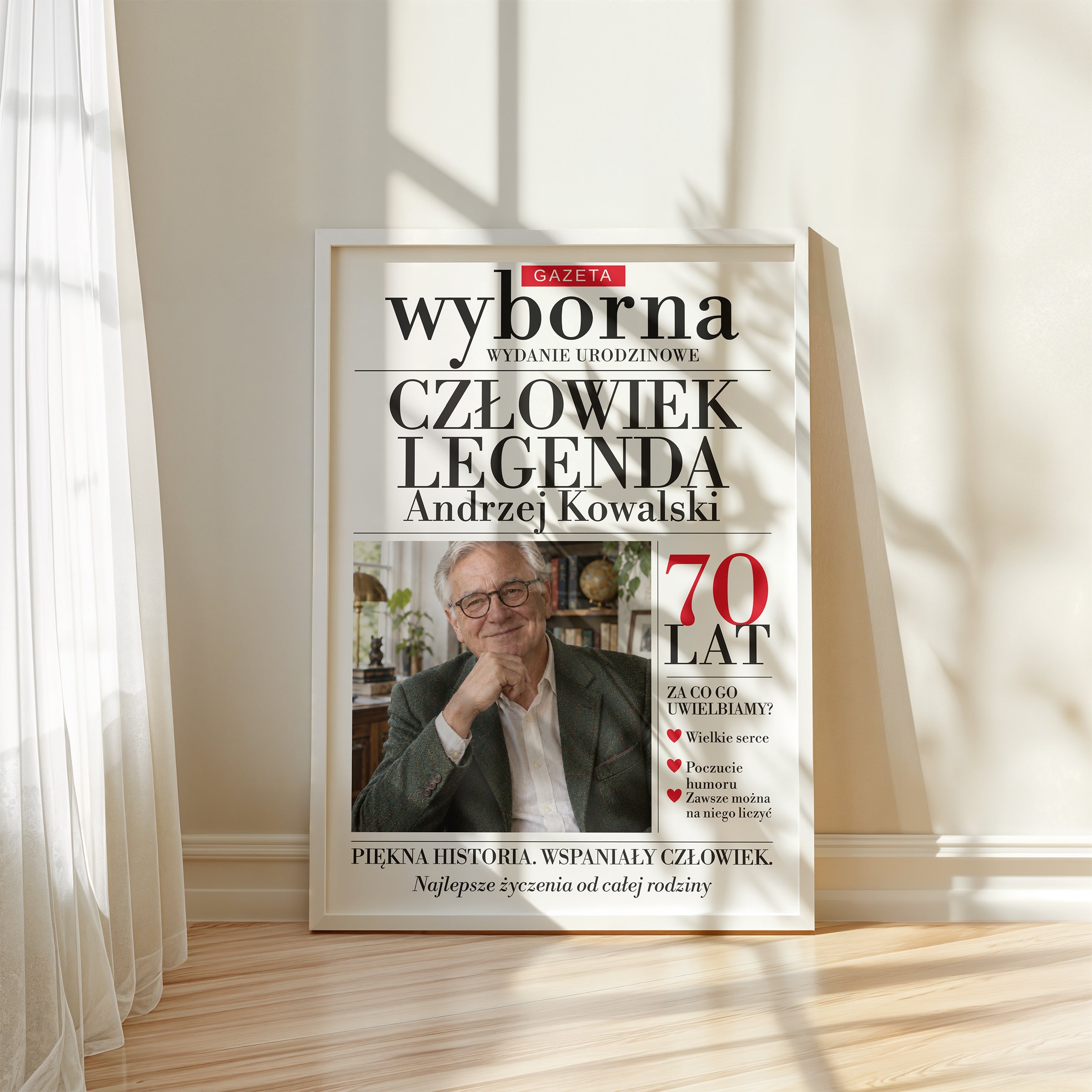 Personalizowany plakat GAZETA WYBORNA — ON w białej ramce przy oknie, z własnym zdjęciem i tekstem | C-PL-GAZ-14-2130-NF