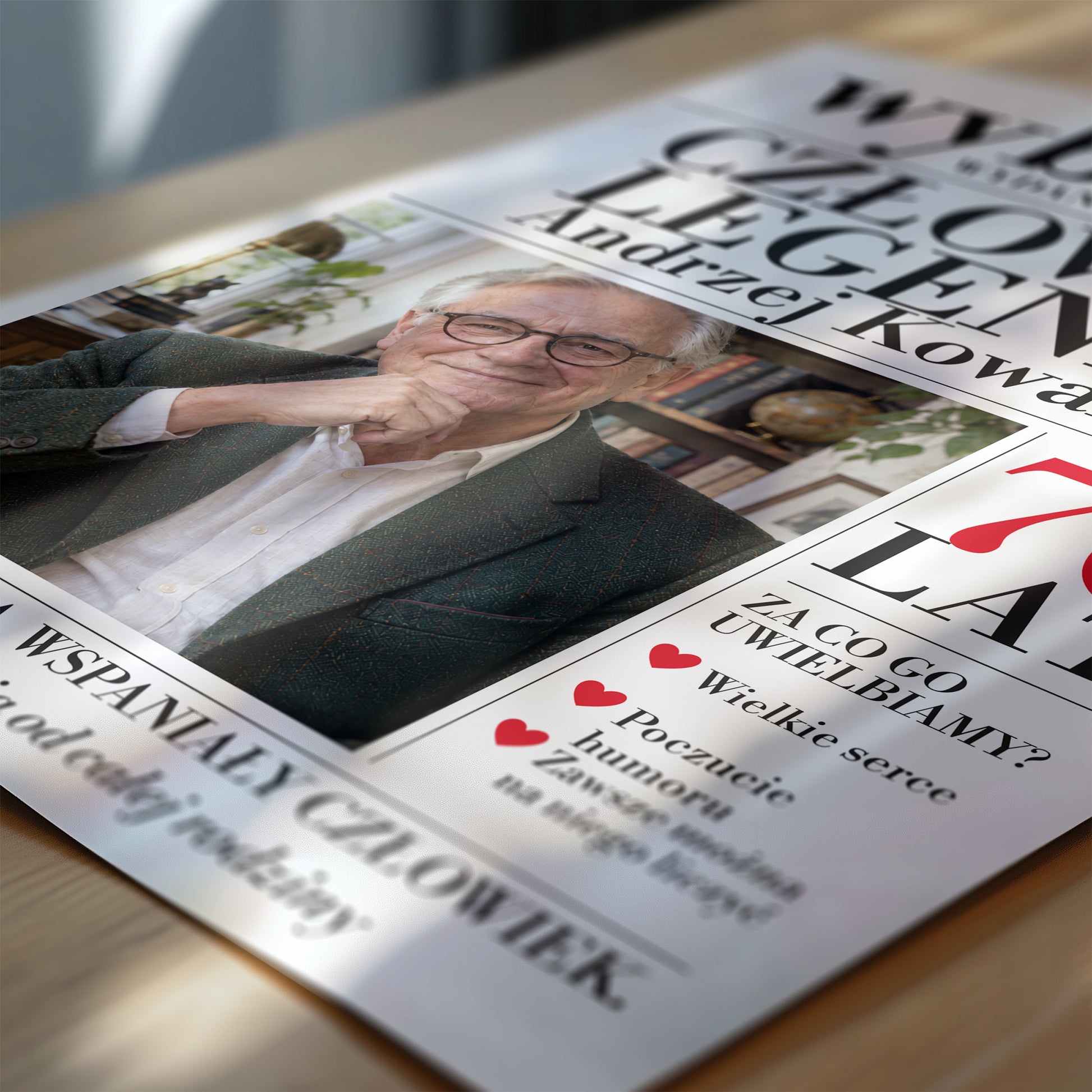 Personalizowany plakat GAZETA WYBORNA — ON w zbliżeniu pokazującym nadruk i typografię, z własnym zdjęciem i tekstem | C-PL-GAZ-14-2130-NF