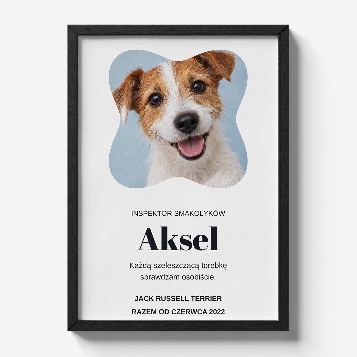 Personalizowany plakat Inspektor Smakołyków w czarnej ramce 21×30 na jasnym tle Marami, z własnym zdjęciem i tekstem | C-PL-PET-4-2130-NF