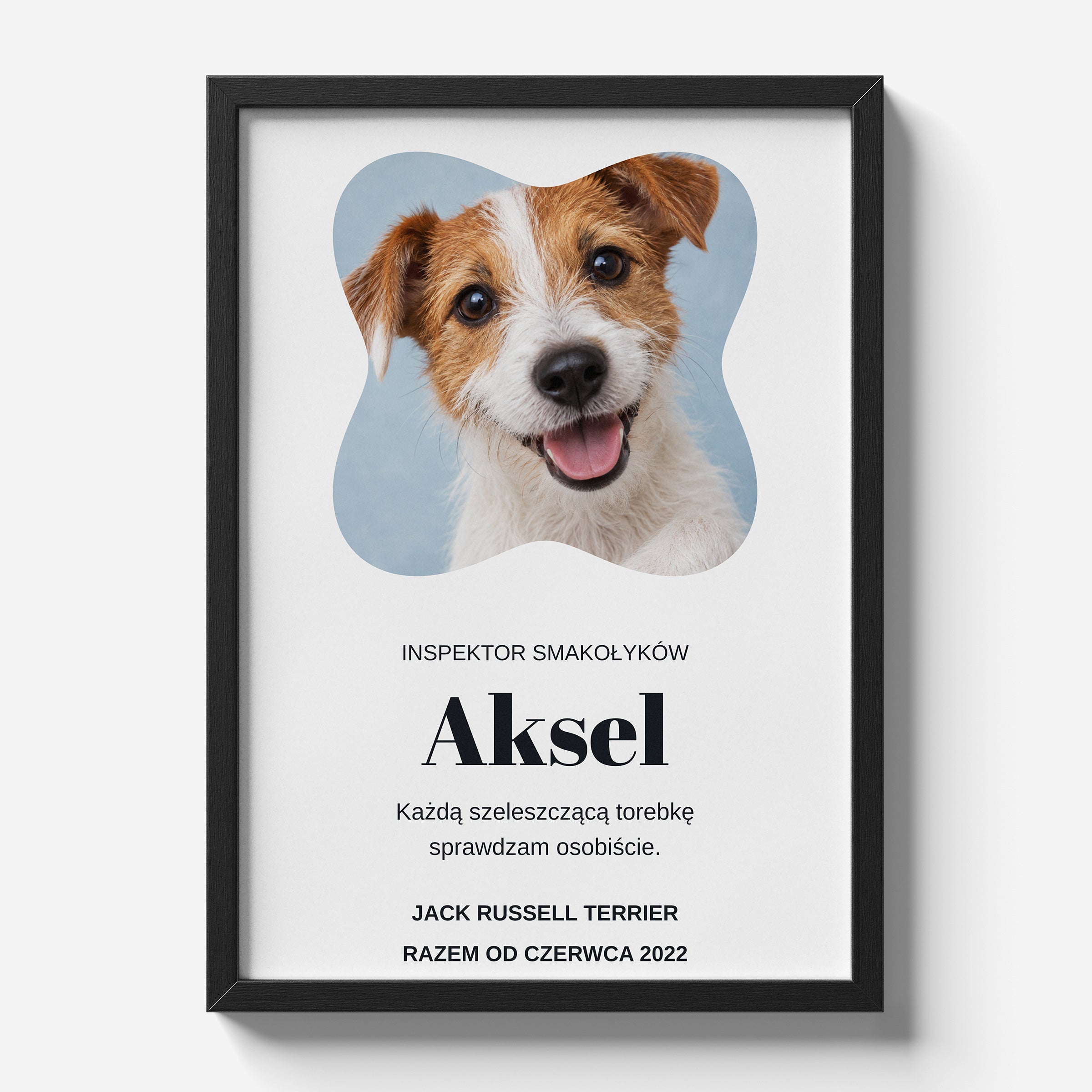 Personalizowany plakat Inspektor Smakołyków w czarnej ramce 21×30 na jasnym tle Marami, z własnym zdjęciem i tekstem | C-PL-PET-4-2130-NF