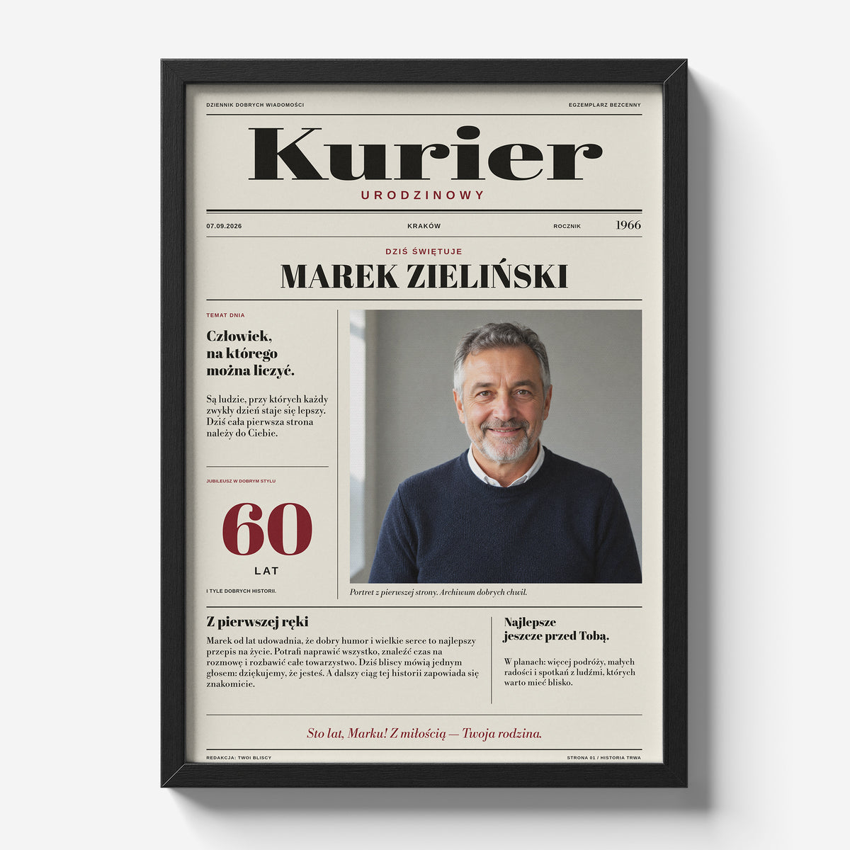 Gazeta urodzinowa KURIER w czarnej ramce 21×30 na jasnym tle, kremowa pierwsza strona z portretem i wiekiem solenizanta | C-PL-GAZ-6-2130-NF