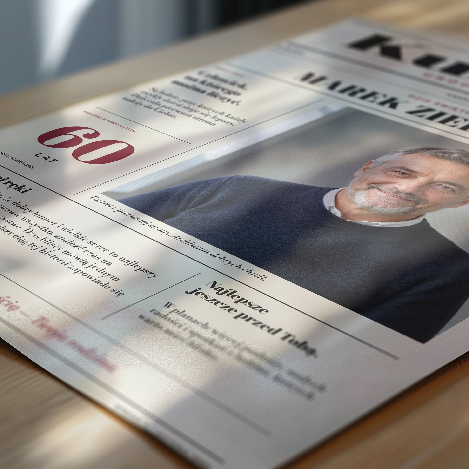 Zbliżenie gazety urodzinowej KURIER, portret z rastrem, duża winieta i osobisty artykuł o solenizancie | C-PL-GAZ-6-2130-NF