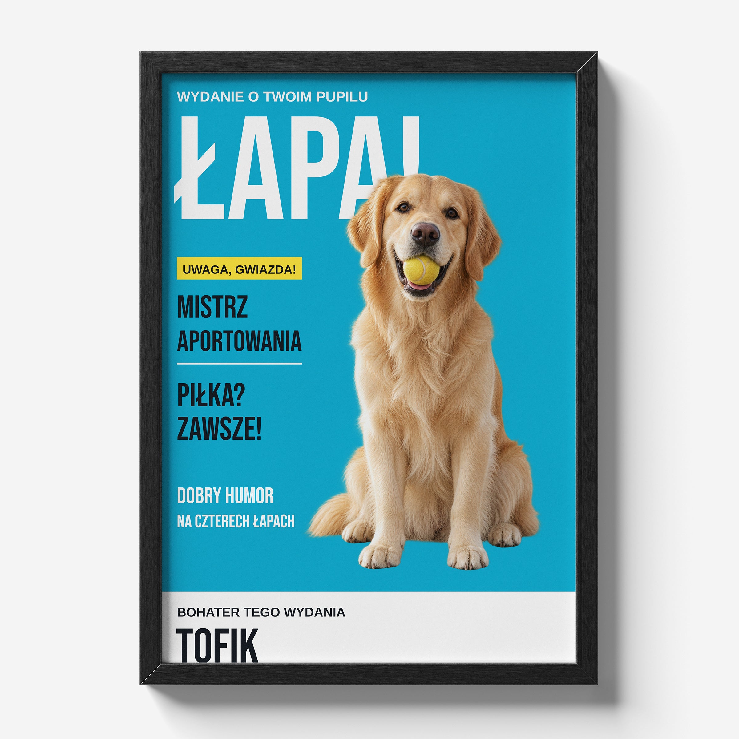 Personalizowany plakat ŁAPA w czarnej ramce 21×30 na jasnym tle Marami, z własnym zdjęciem i tekstem | C-PL-PET-1-2130-NF