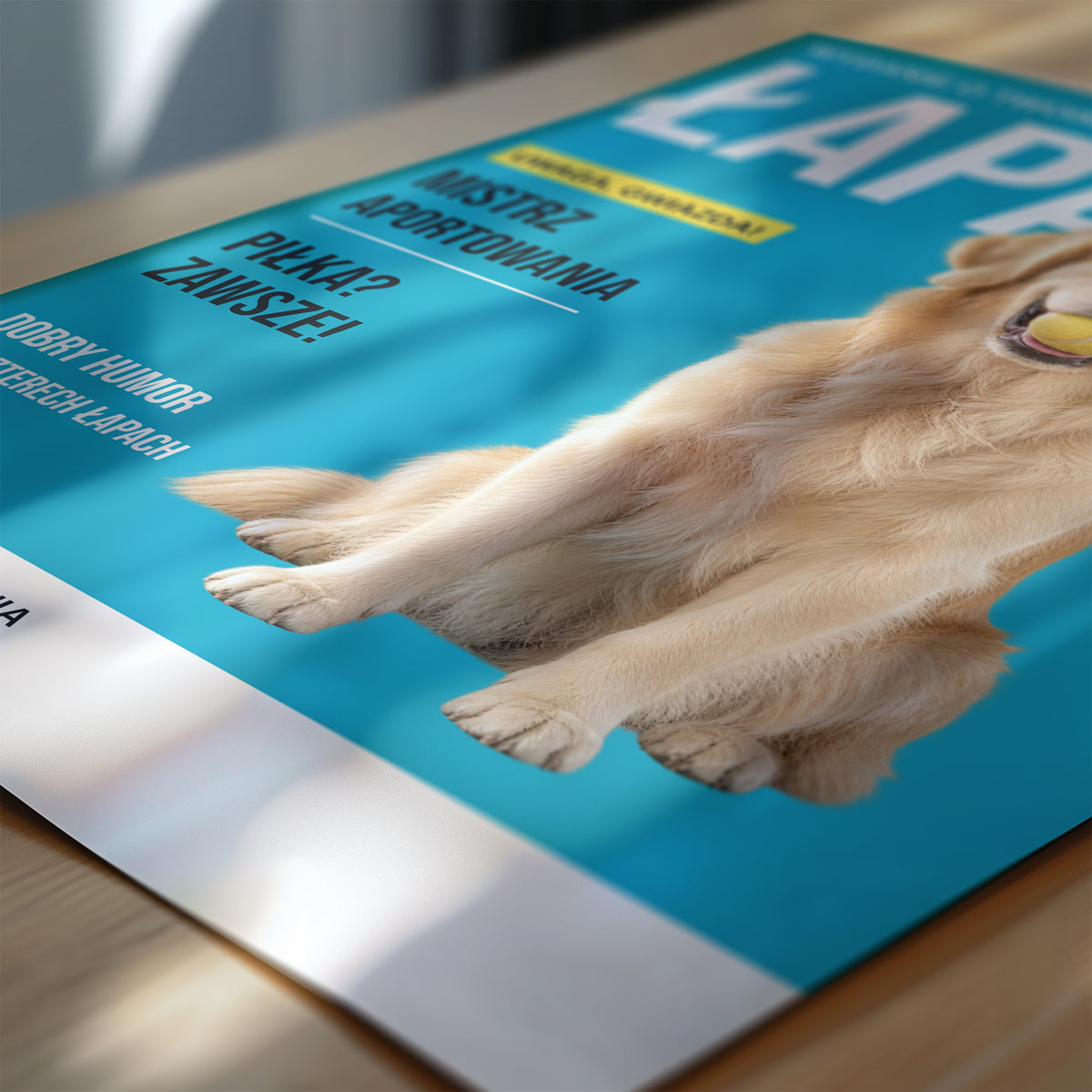 Personalizowany plakat ŁAPA w zbliżeniu pokazującym nadruk i typografię, z własnym zdjęciem i tekstem | C-PL-PET-1-2130-NF