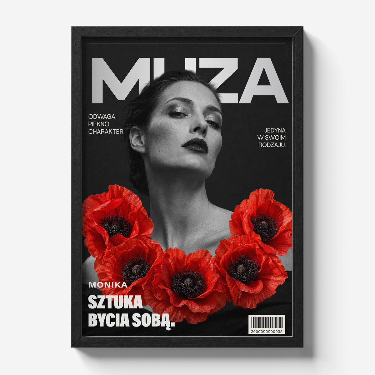 Personalizowany plakat MUZA w czarnej ramce na jasnym tle. Czarno-biały portret i czerwone maki na modowej okładce portretowej.
