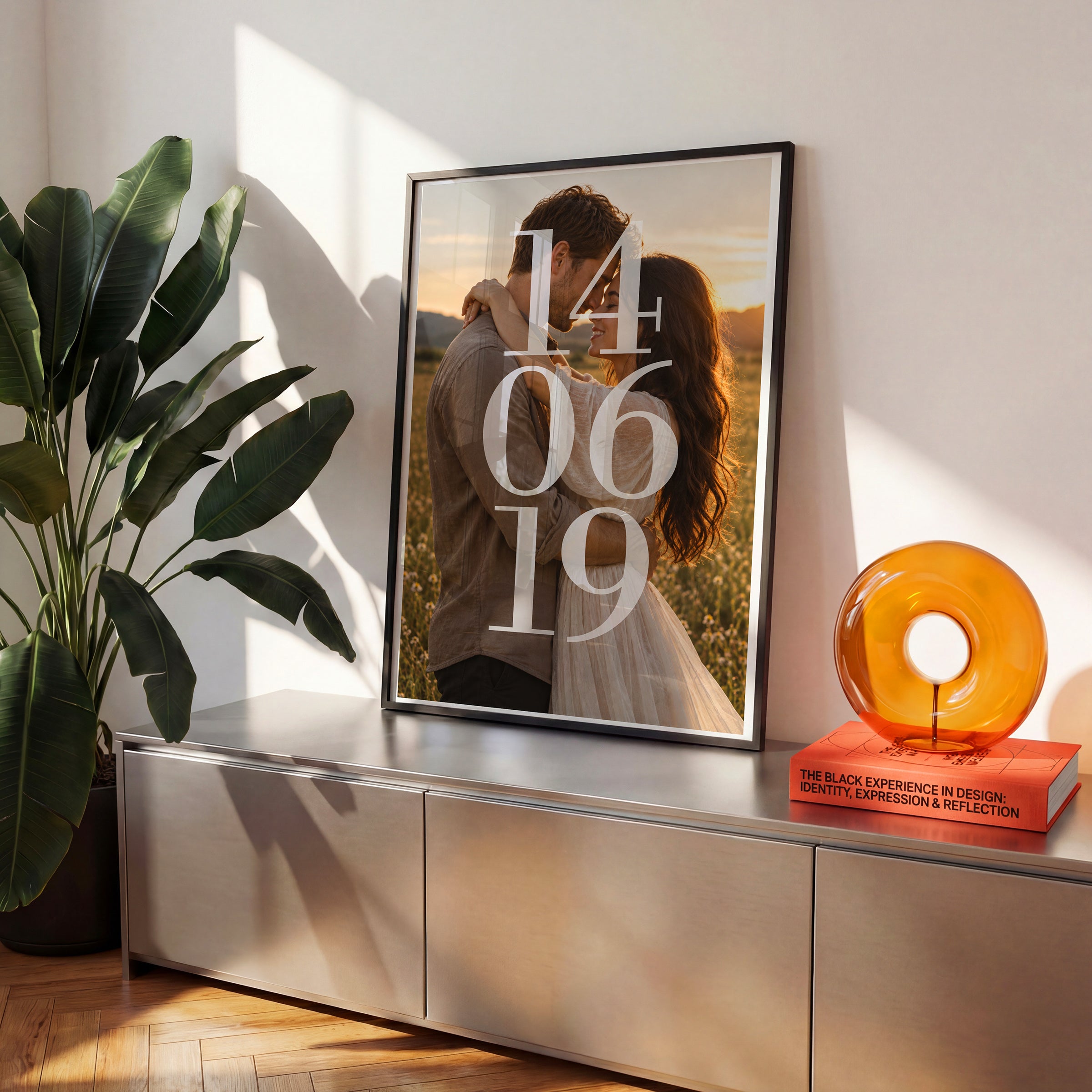 Personalizowany plakat NASZA DATA w czarnej ramce na komodzie, z własnym zdjęciem i tekstem | C-PL-HEART-19-2130-NF